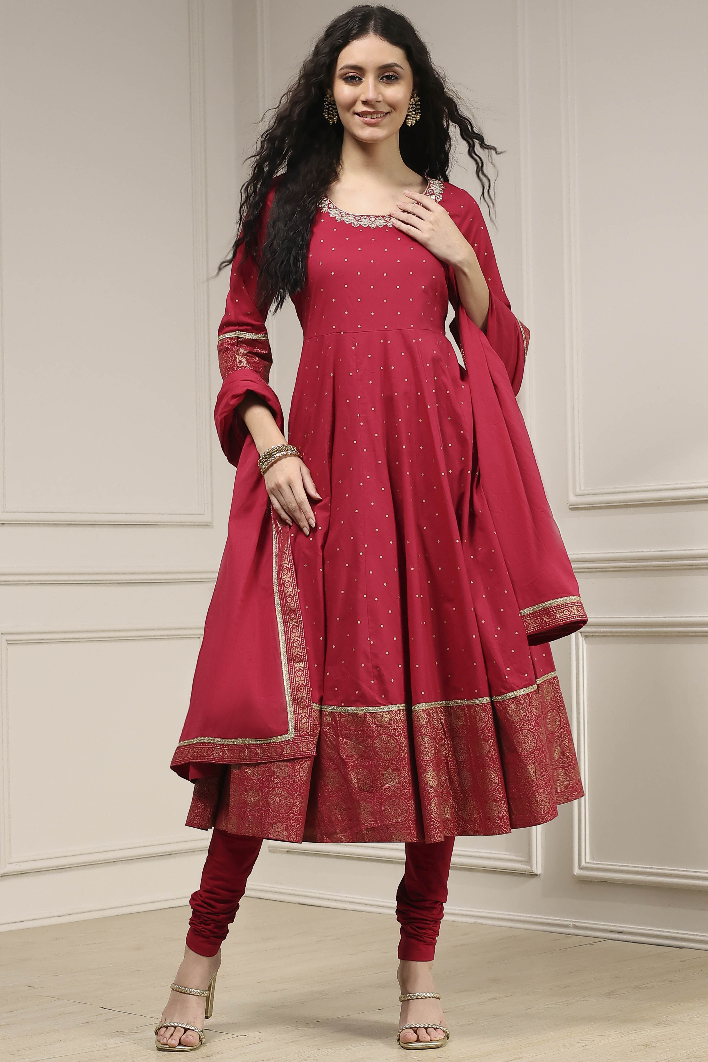 Teal Cotton Printed Anarkali Suit Set image number 0