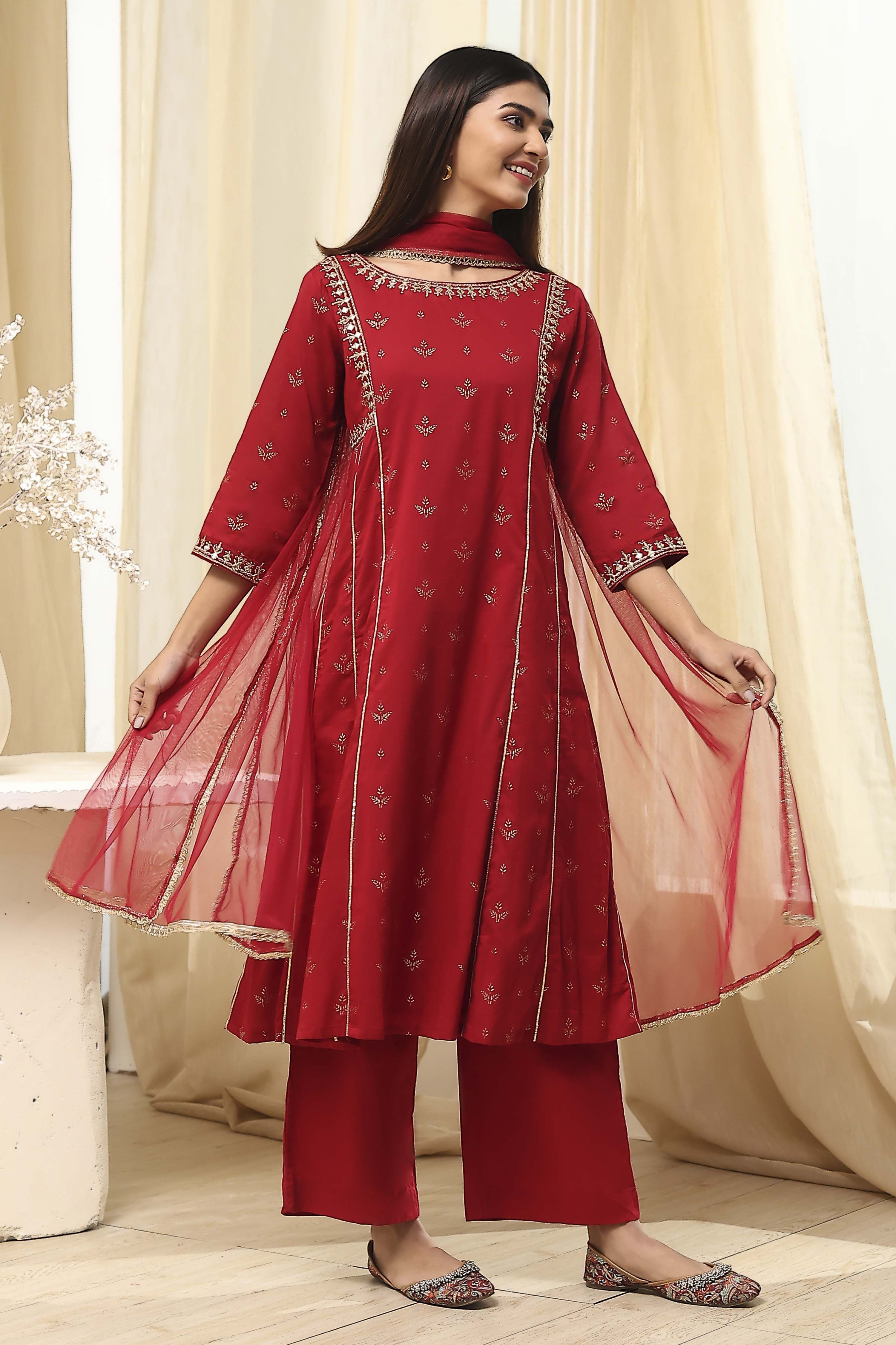 Red Cotton Foil Printed Kalidar Suit Set image number 5
