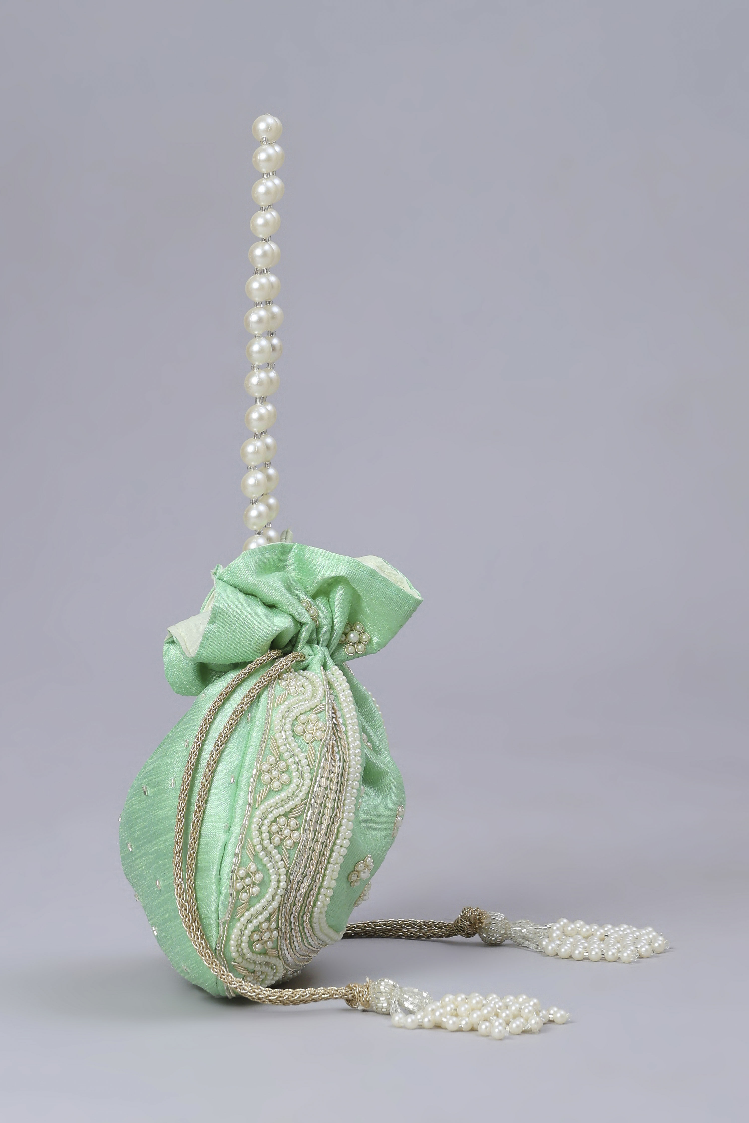 Green Fabric Floral Embellished Potli image number 4