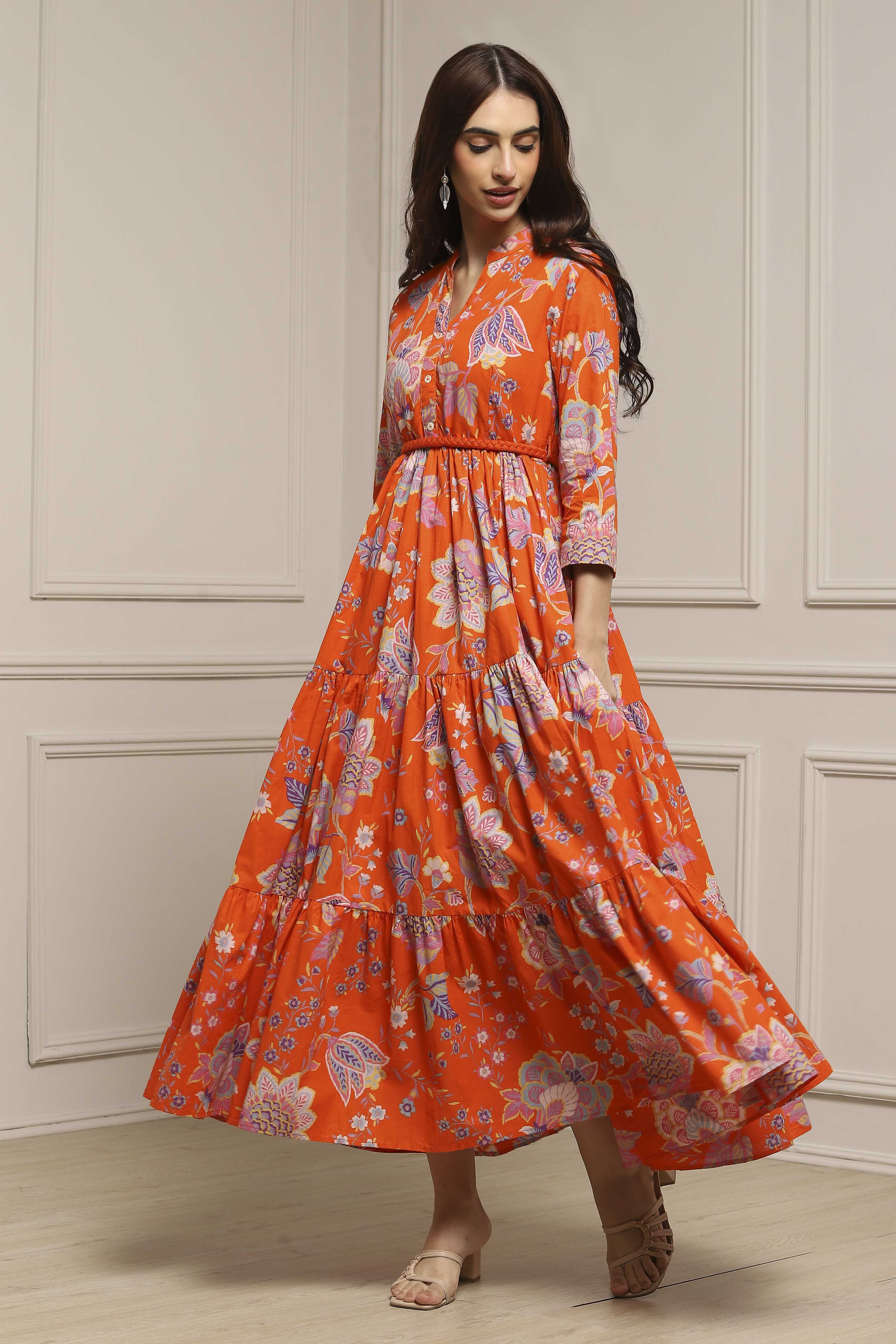 Earthy Blue Cotton Floral Tiered Dress image number 0