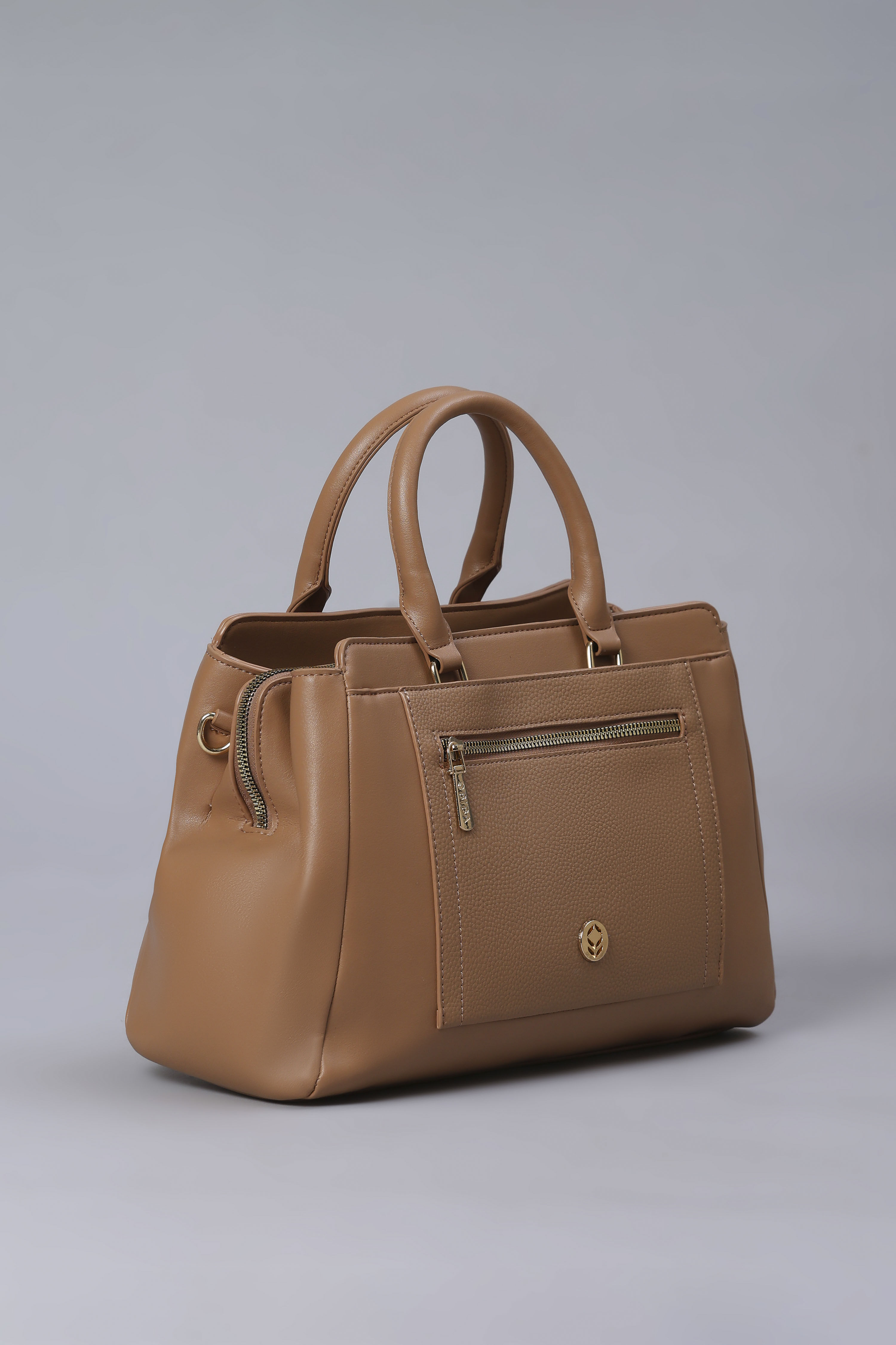 Brown PU Solid Structured Handheld Bag image number 3