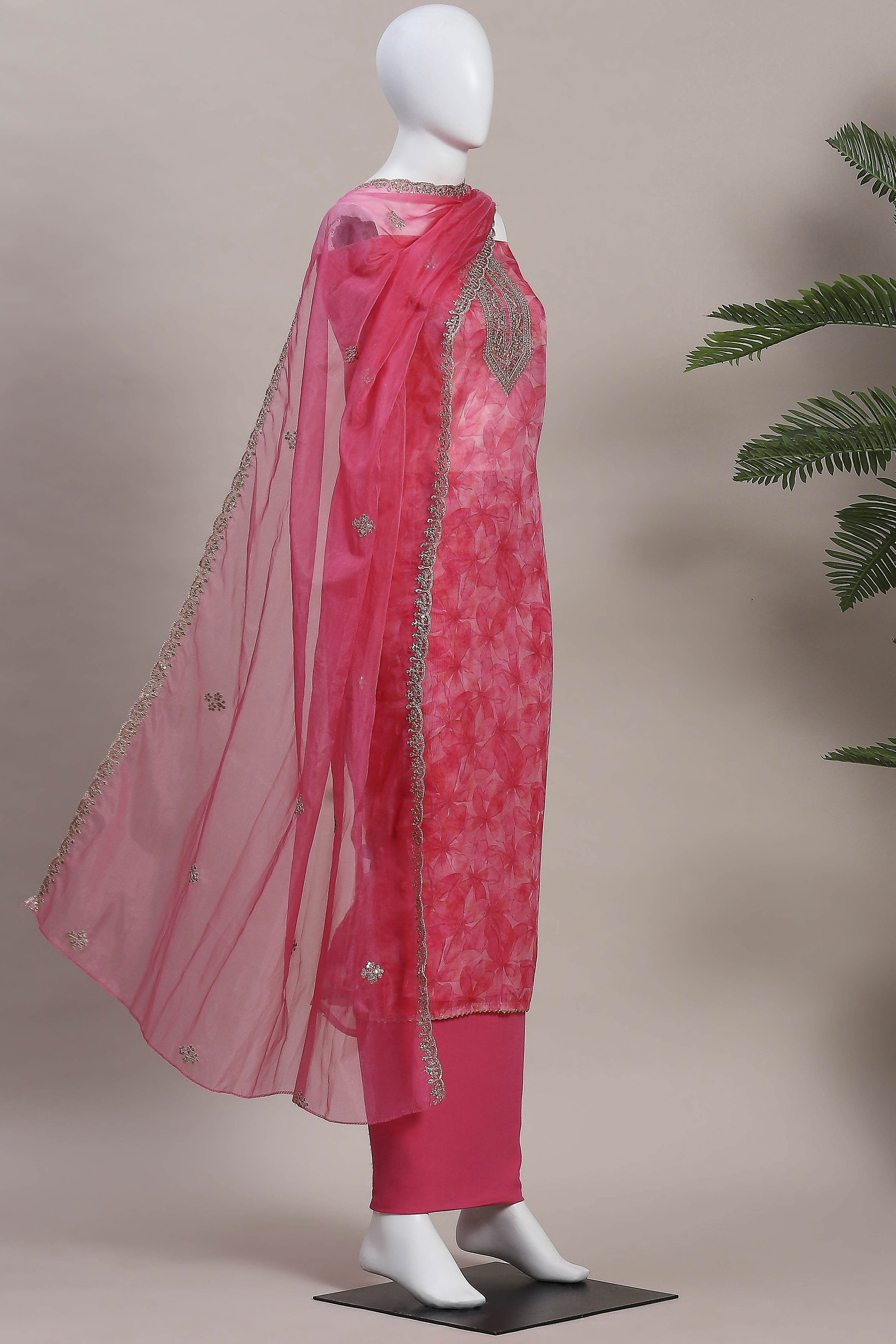 Pink Organza Rajasthani Print Unstitched Suit Set image number 4