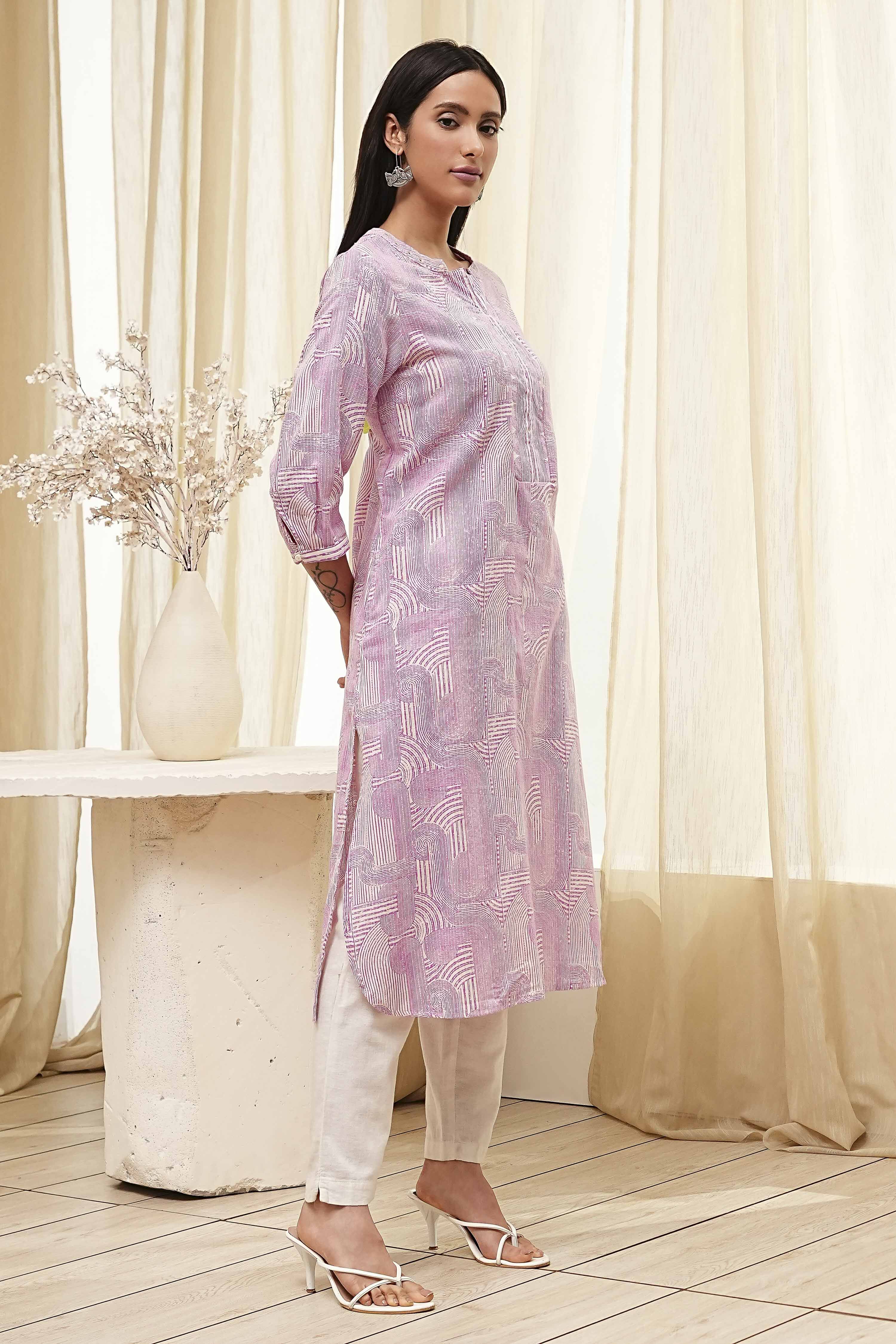 Pink Cotton Printed Straight Kurta image number 4