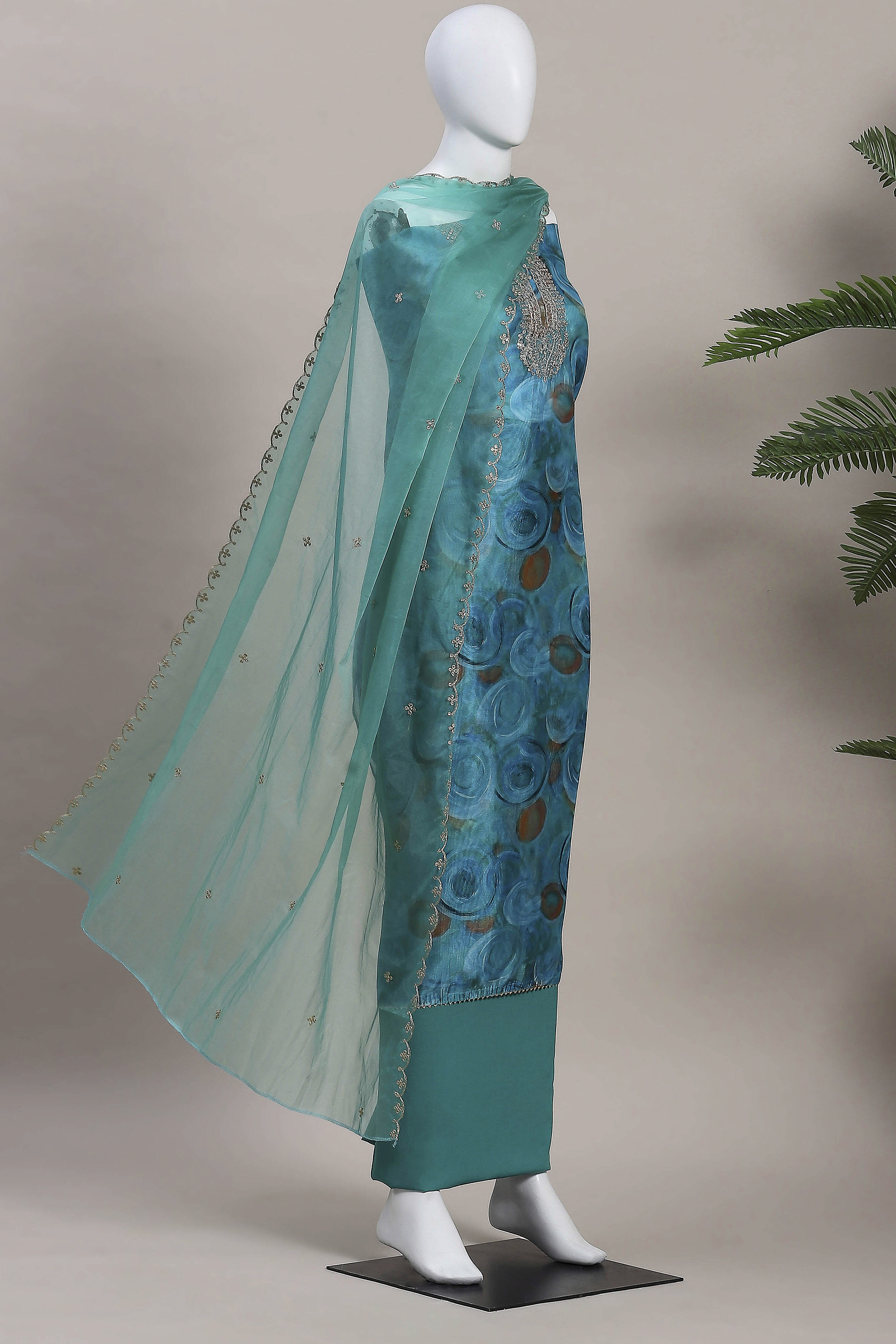 Blue Organza Rajasthani Print Unstitched Suit Set image number 4