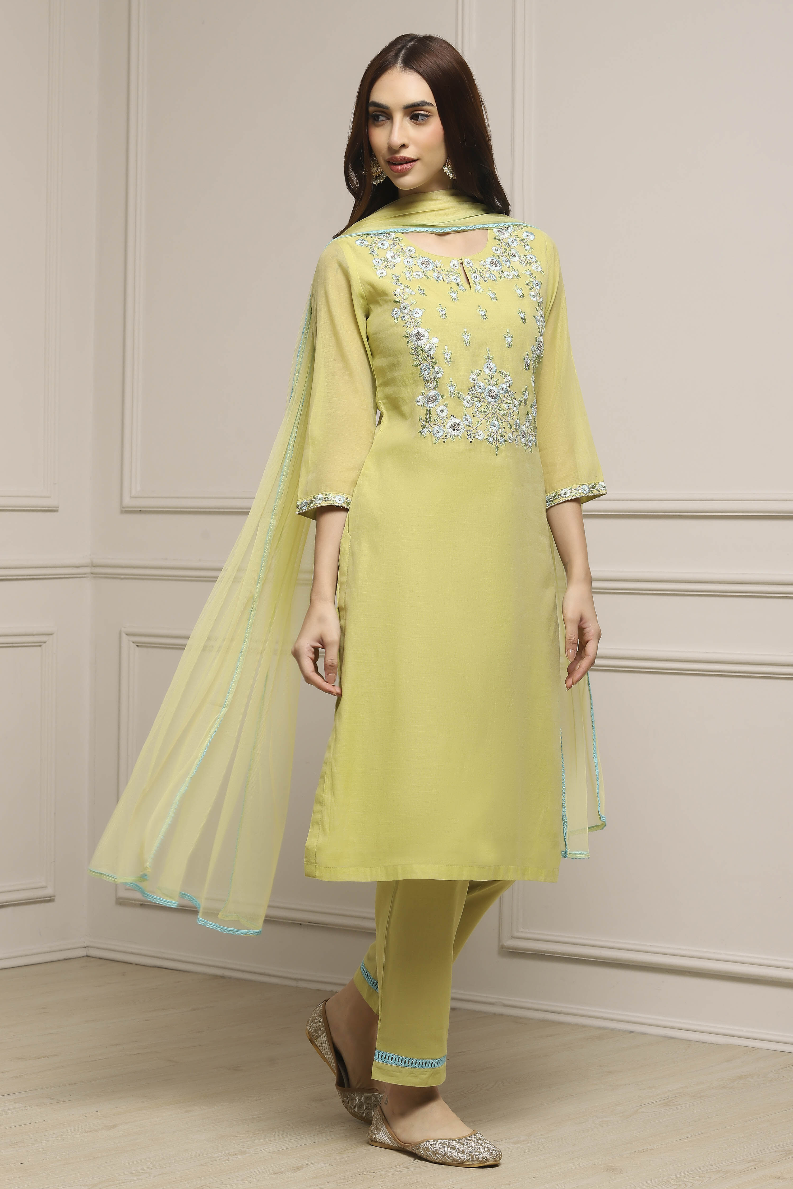 Sage Green Art Silk A-Line Kurta Regular Pant Suit Set image number 0