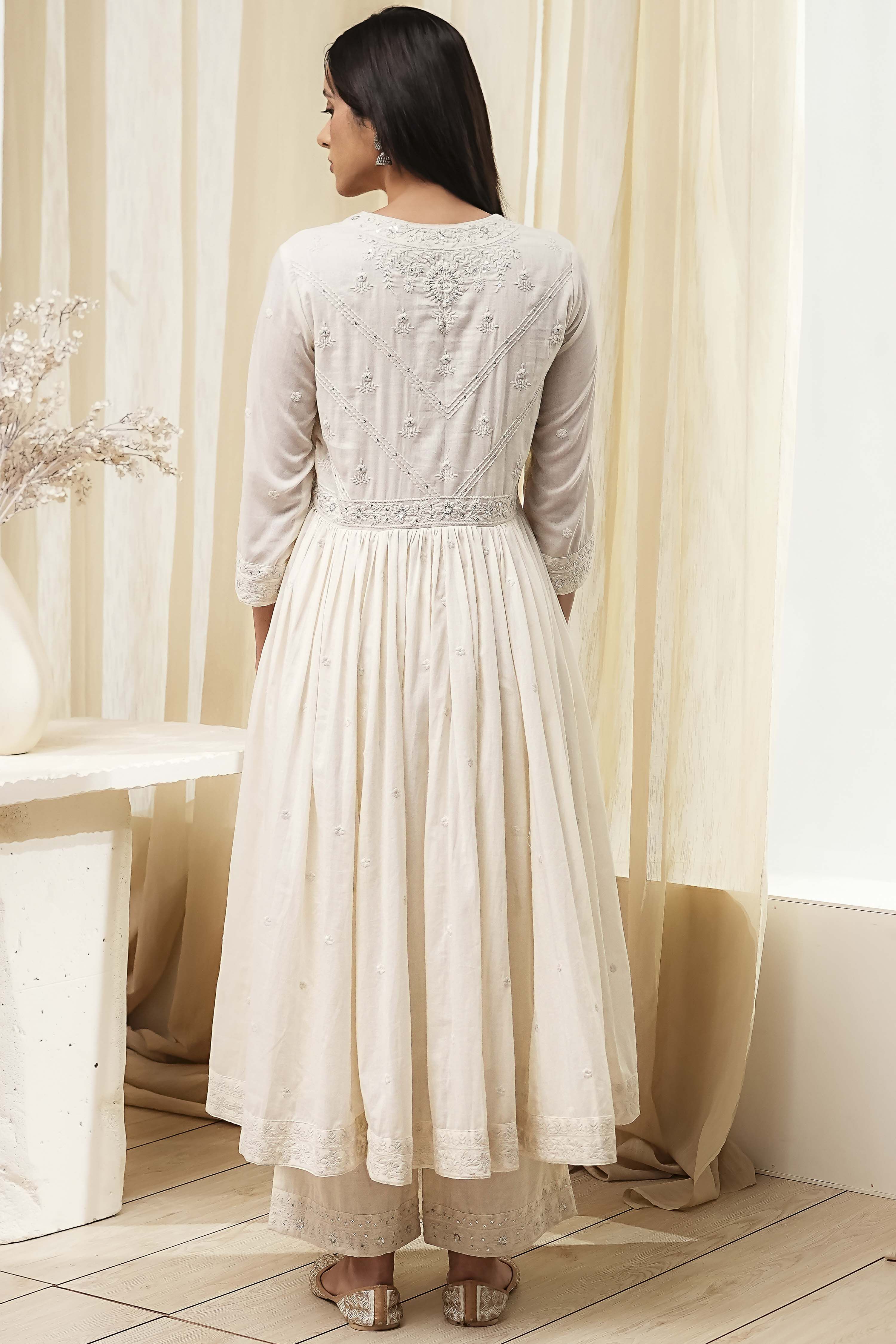Off-White Cotton Embroidered Gathered Suit Set image number 4