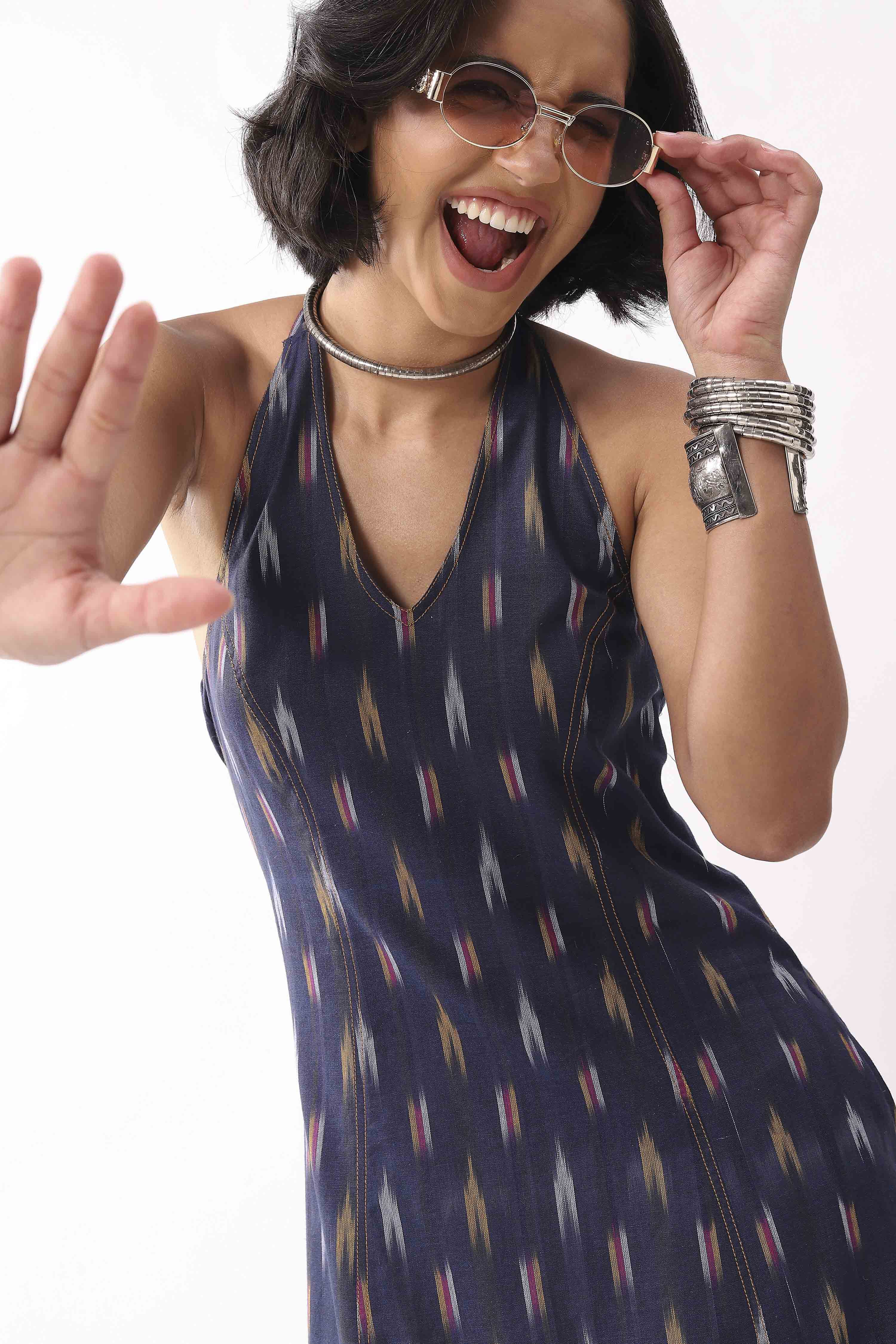 Navy Blue Cotton Abstract A-Line Midi Dress image number 1