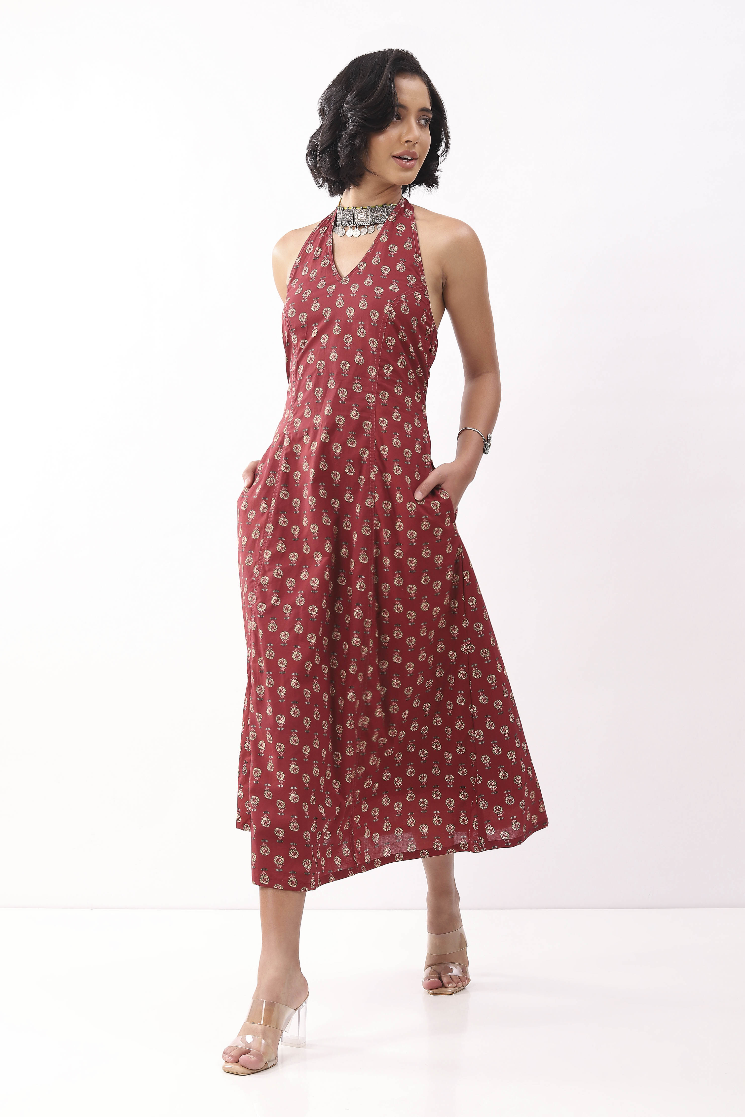 Red Cotton Floral Printed Lace-Up Midi Dress image number 2