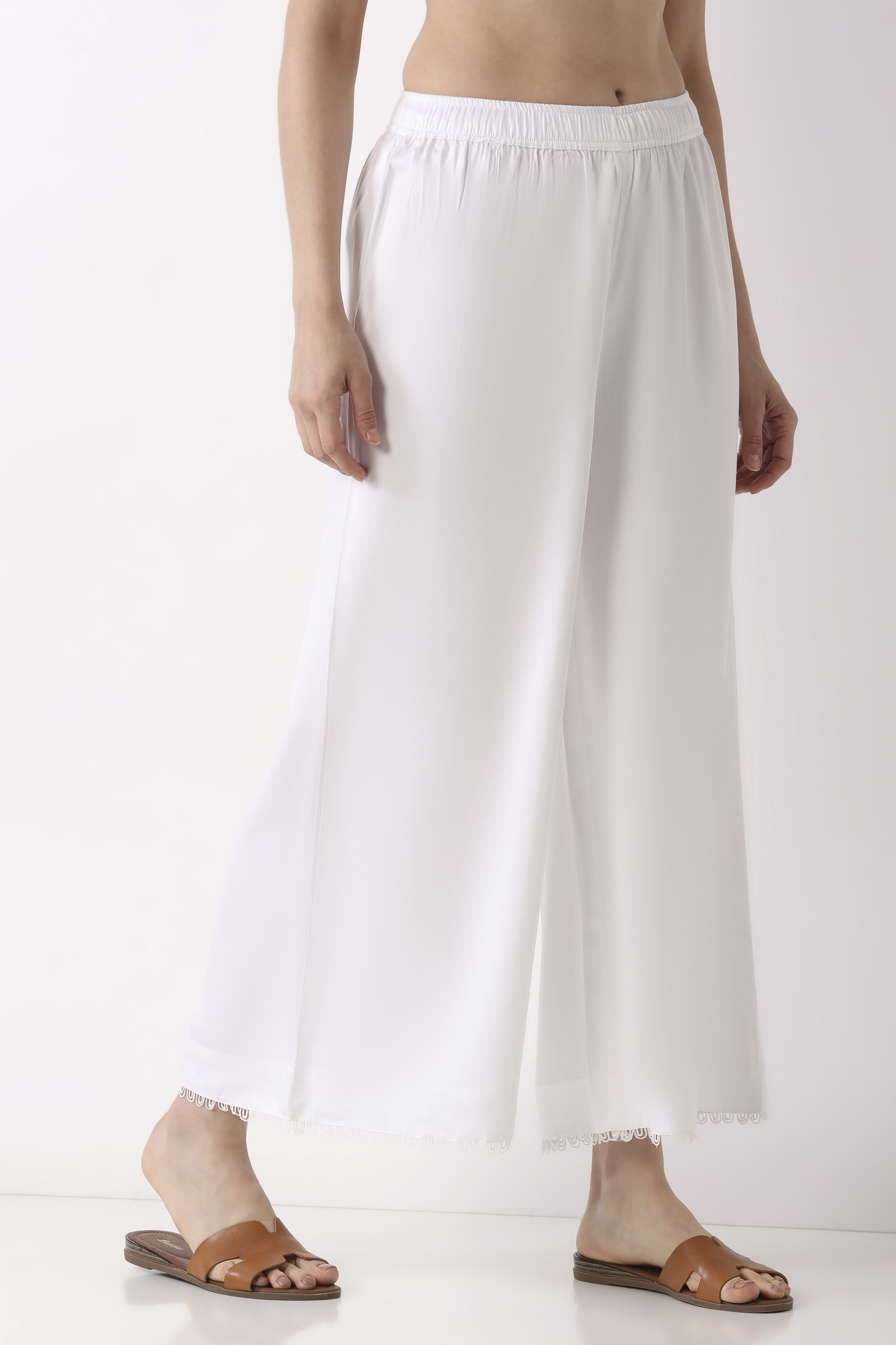 White Viscose Rayon Flared Palazzos image number 3