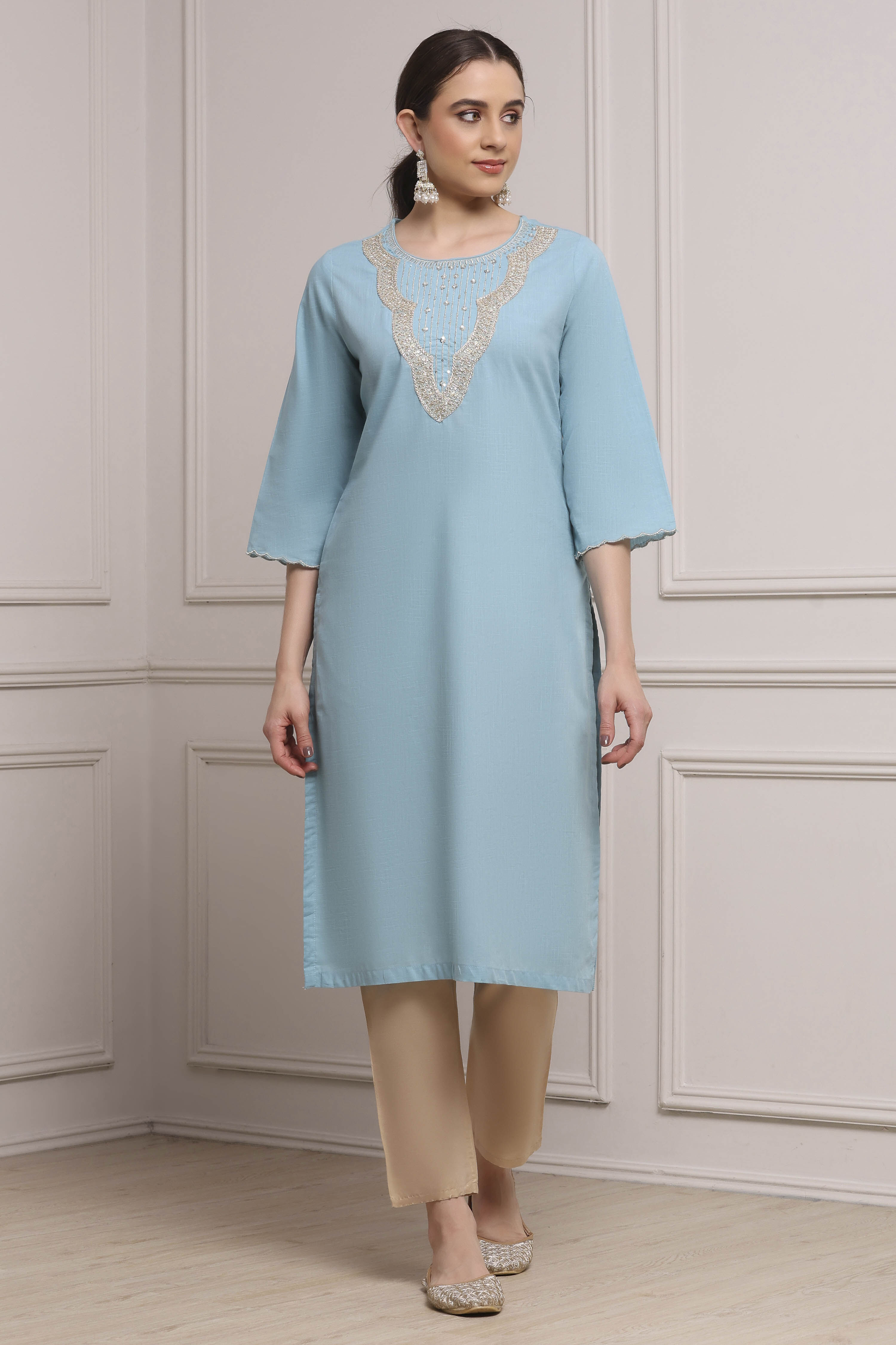 Blue Cotton Solid Straight Kurta image number 5