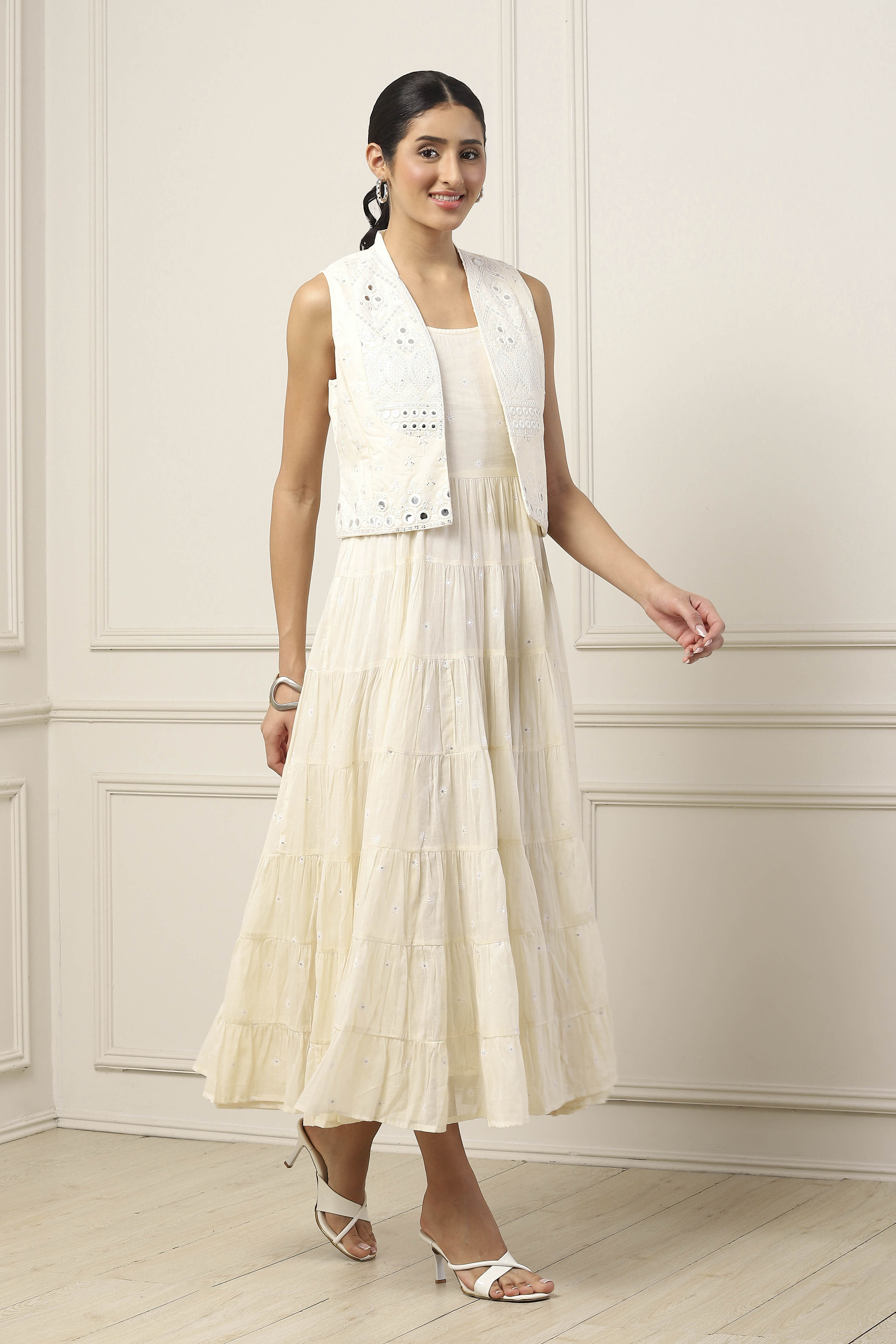 Yellow Cotton Embroidered Tiered Dress With Jacket image number 6