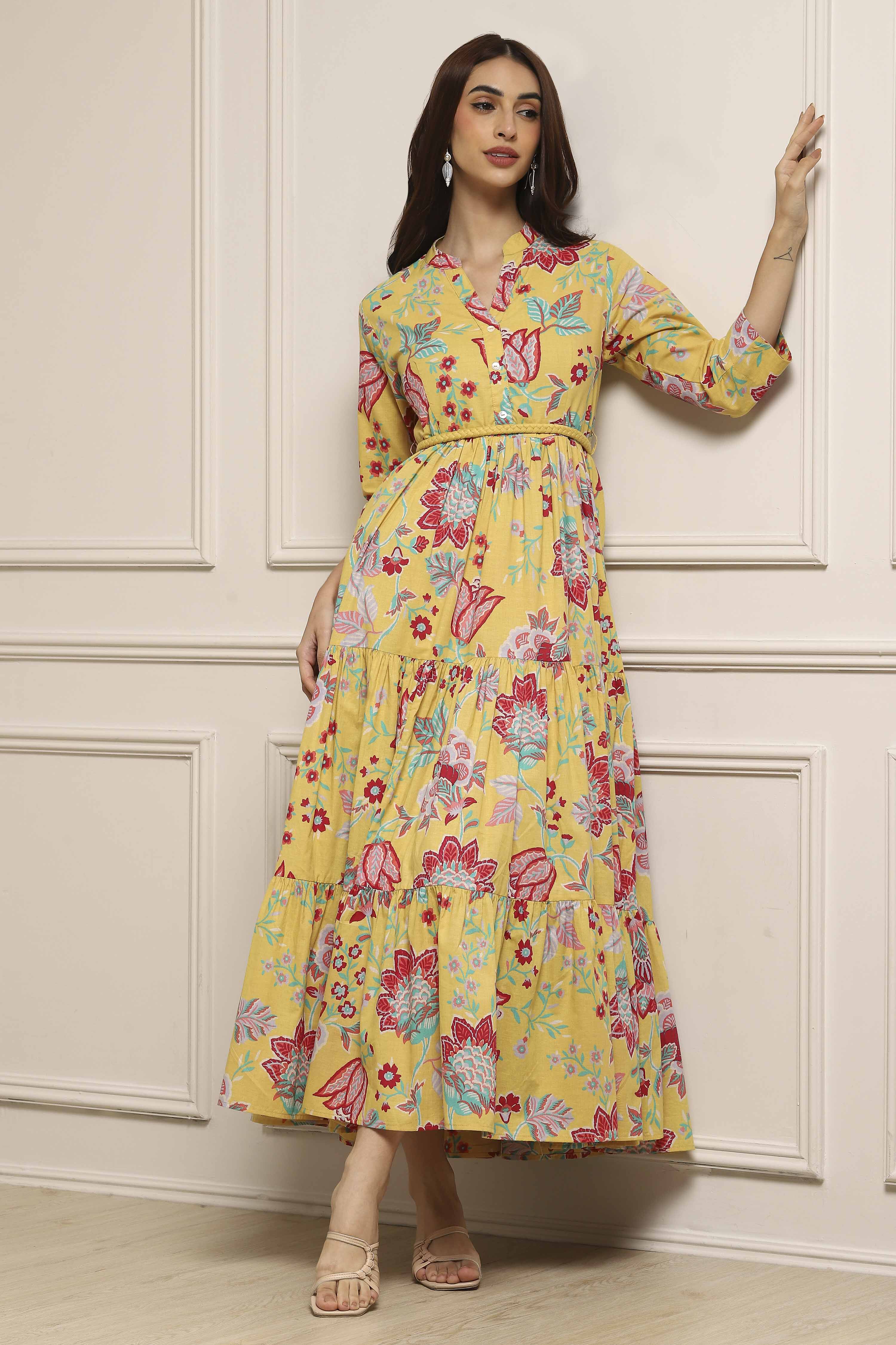 Earthy Blue Cotton Floral Tiered Dress image number 0