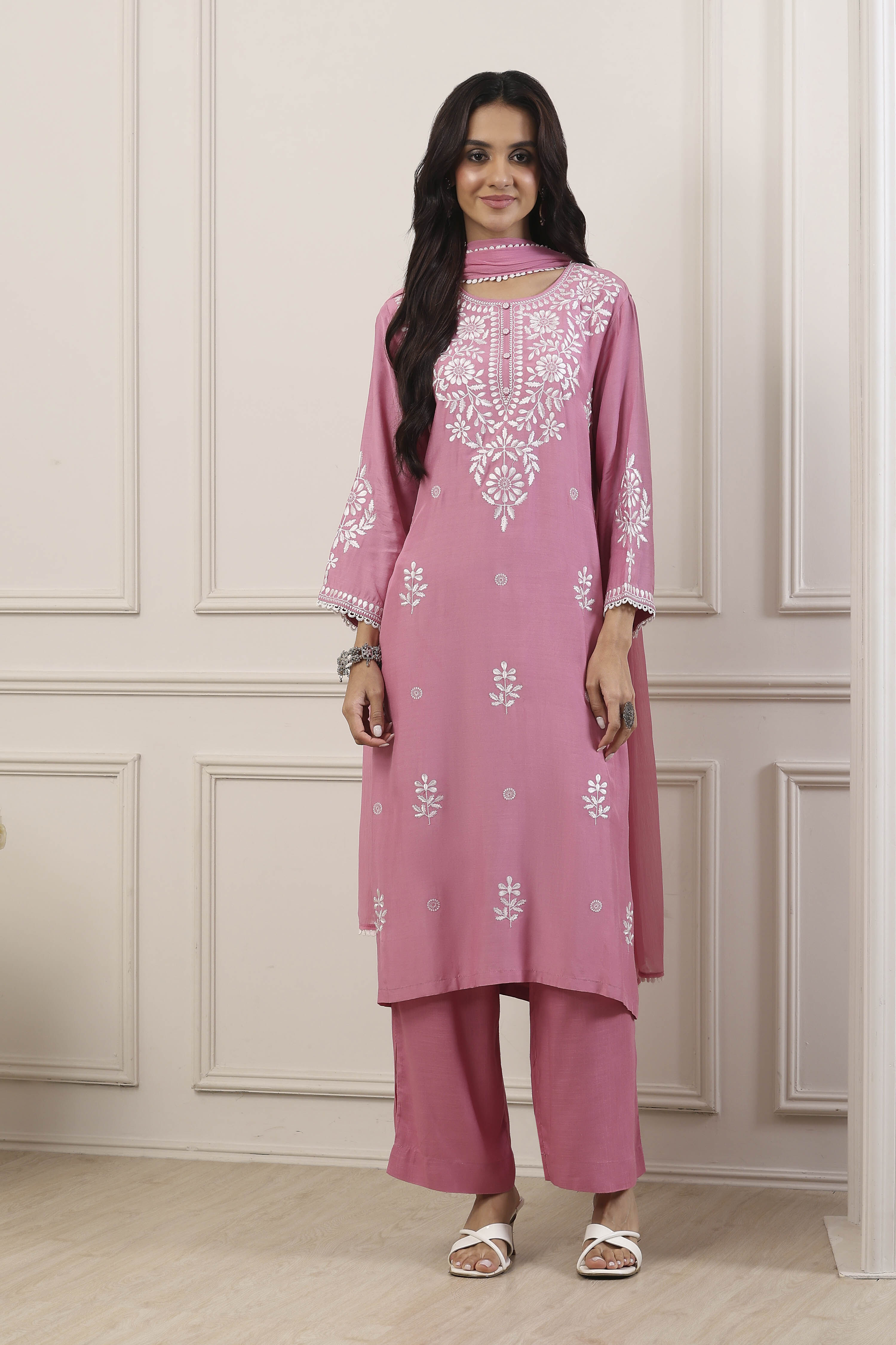 Pink Poly Viscose Floral Embroidered Straight Suit Set image number 6