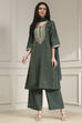 Green Embroidered Straight Suit Set