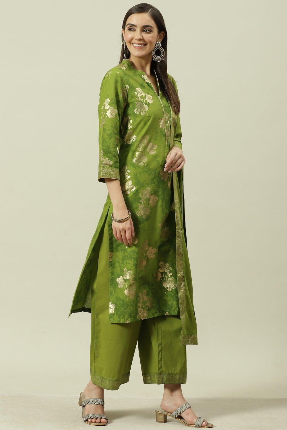 Mehndi Printed Cotton Straight Kurta Palazzo Suit Set image number 6
