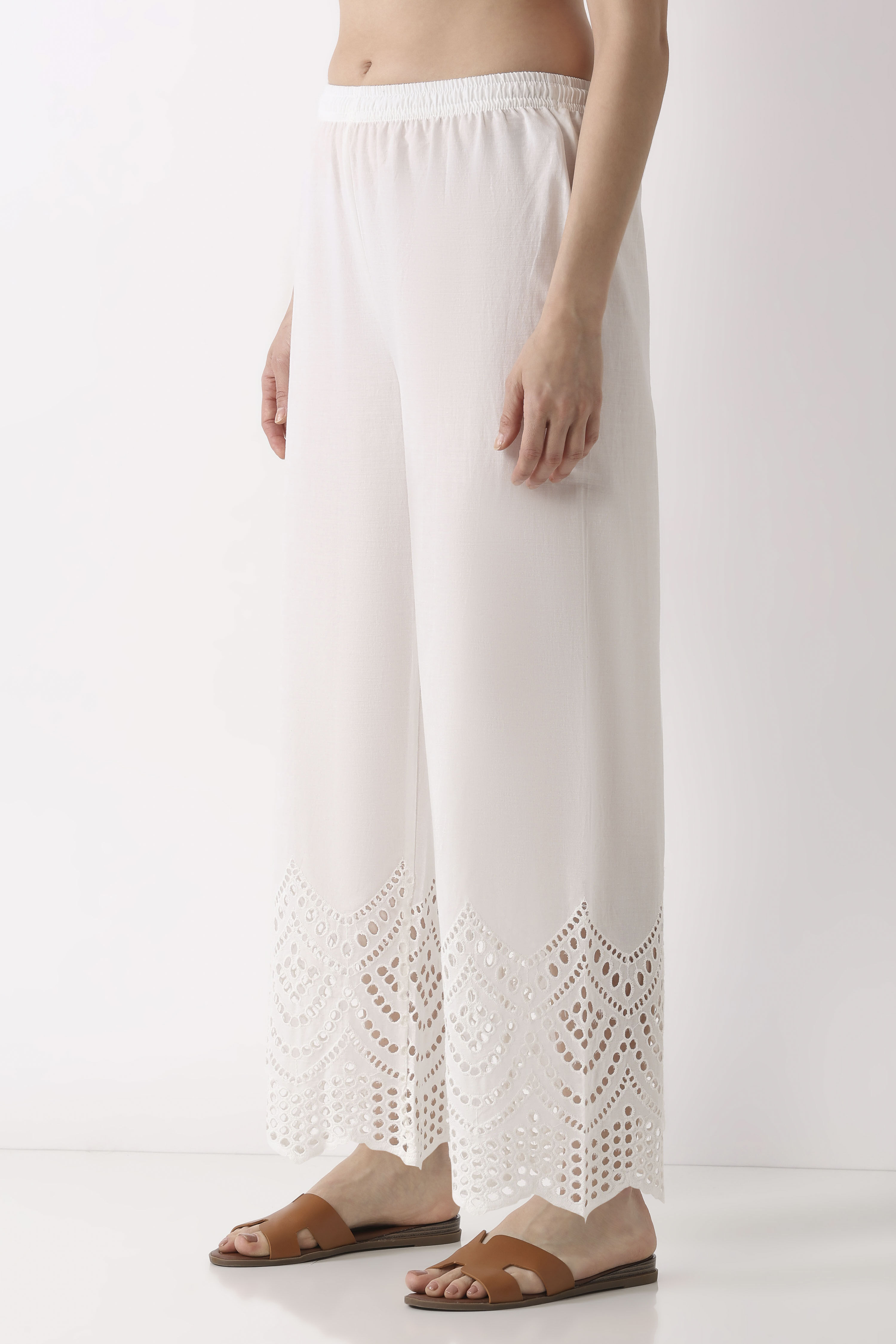 White Cotton Straight Palazzos image number 2