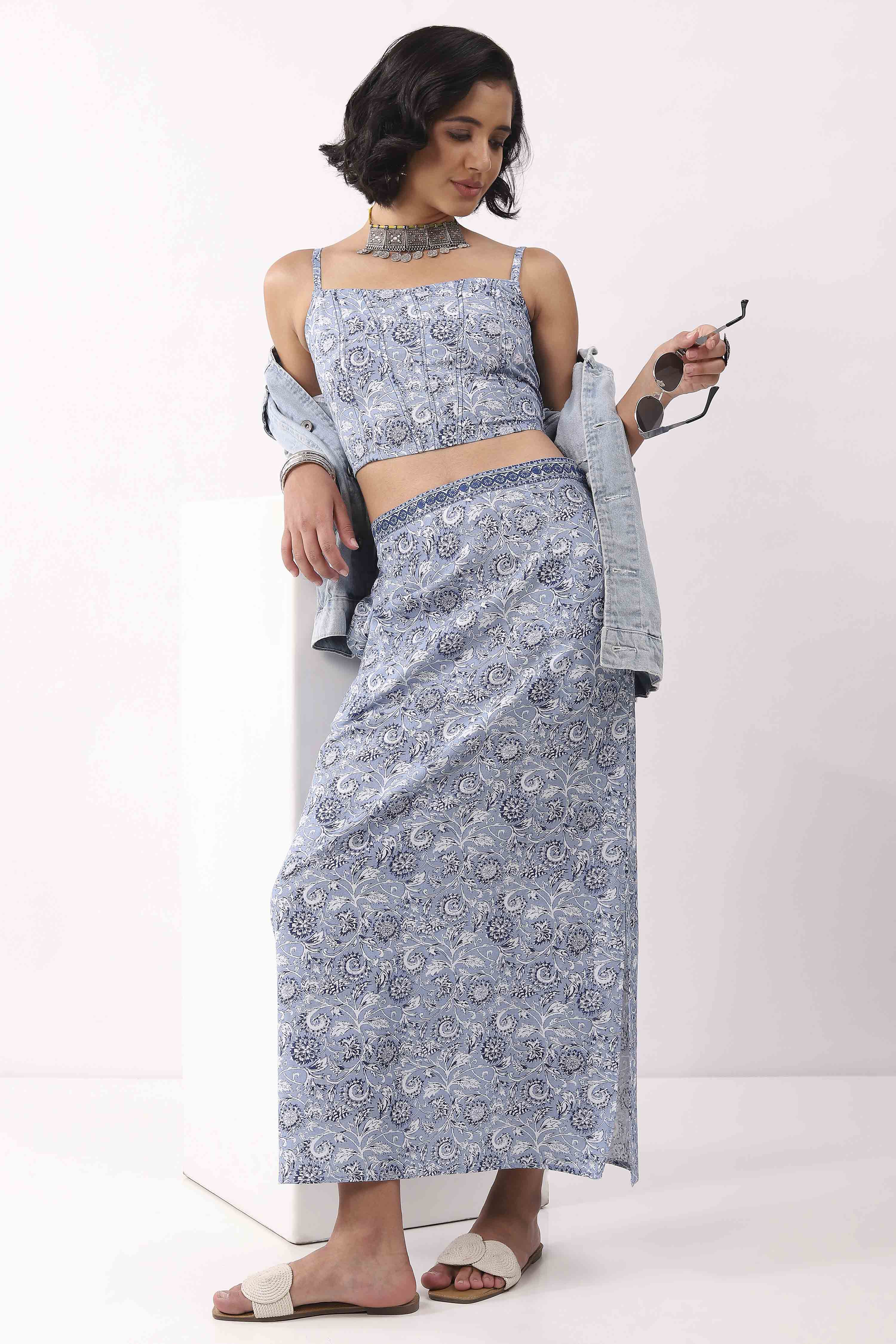Blue Cotton Floral Side Slit Maxi Skirt image number 0