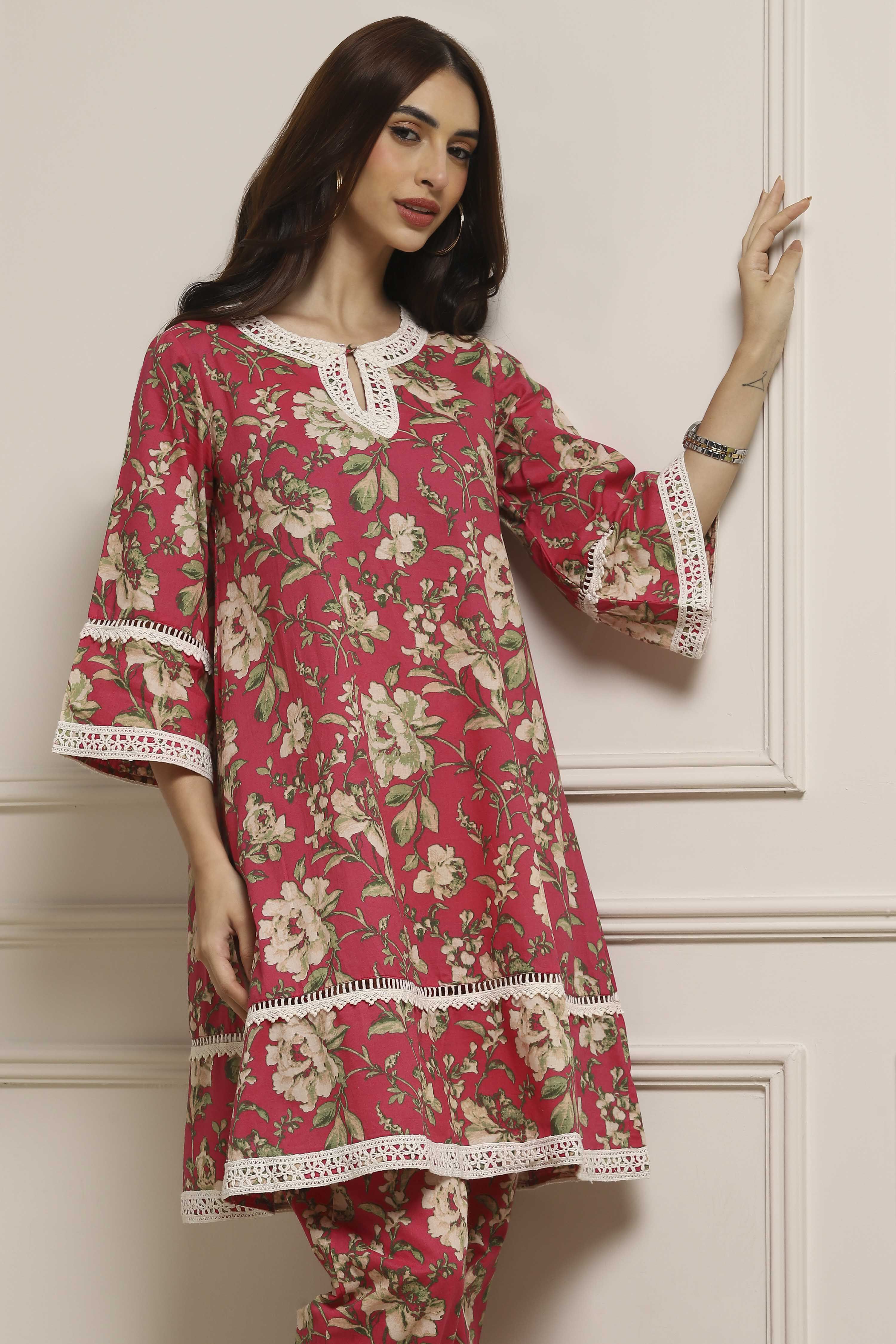 Pink Cotton Floral Straight Co-ord Set image number 3