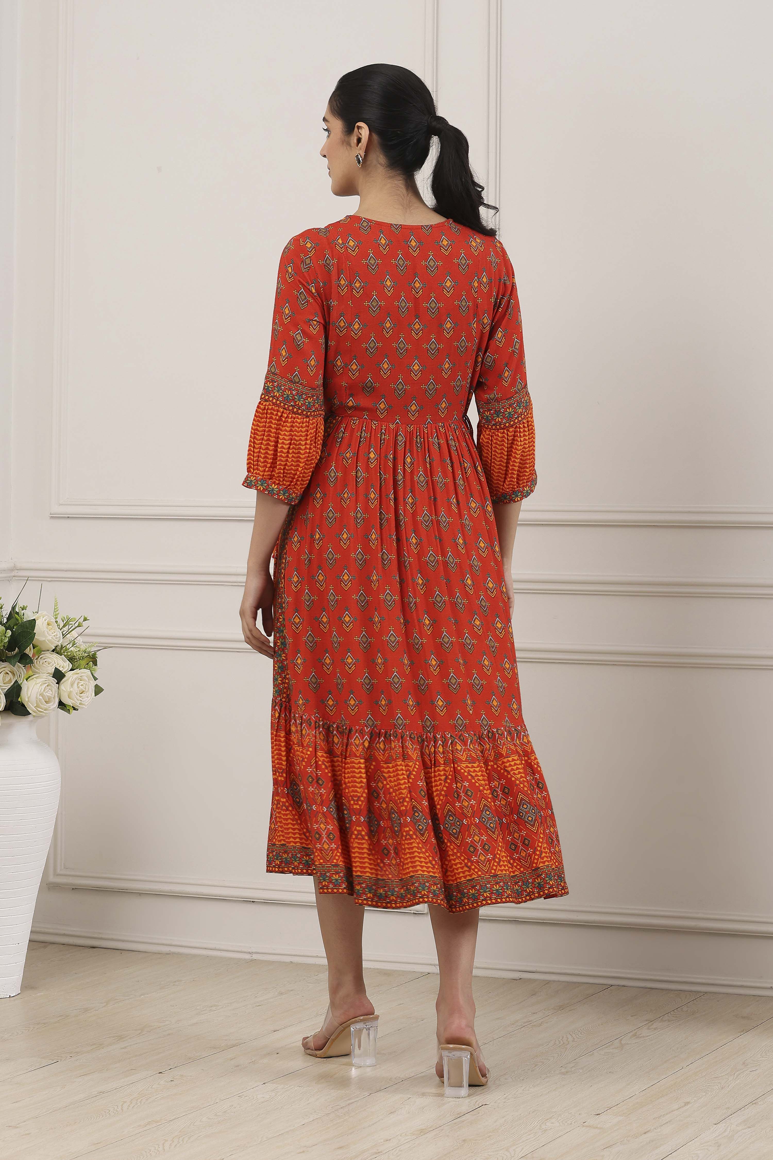 Indigo Ethnic Motifs Flared Midi Dress image number 3