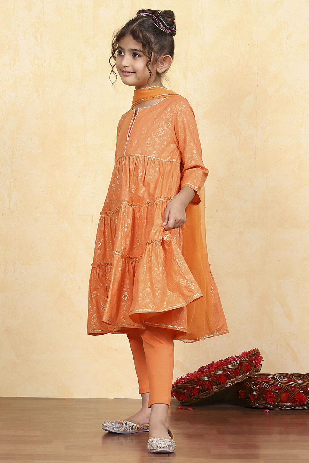 Blue Cotton Tiered Printed Kurta Churidar Set image number 3