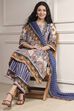Navy Blue and Beige Cotton Straight Suit Set