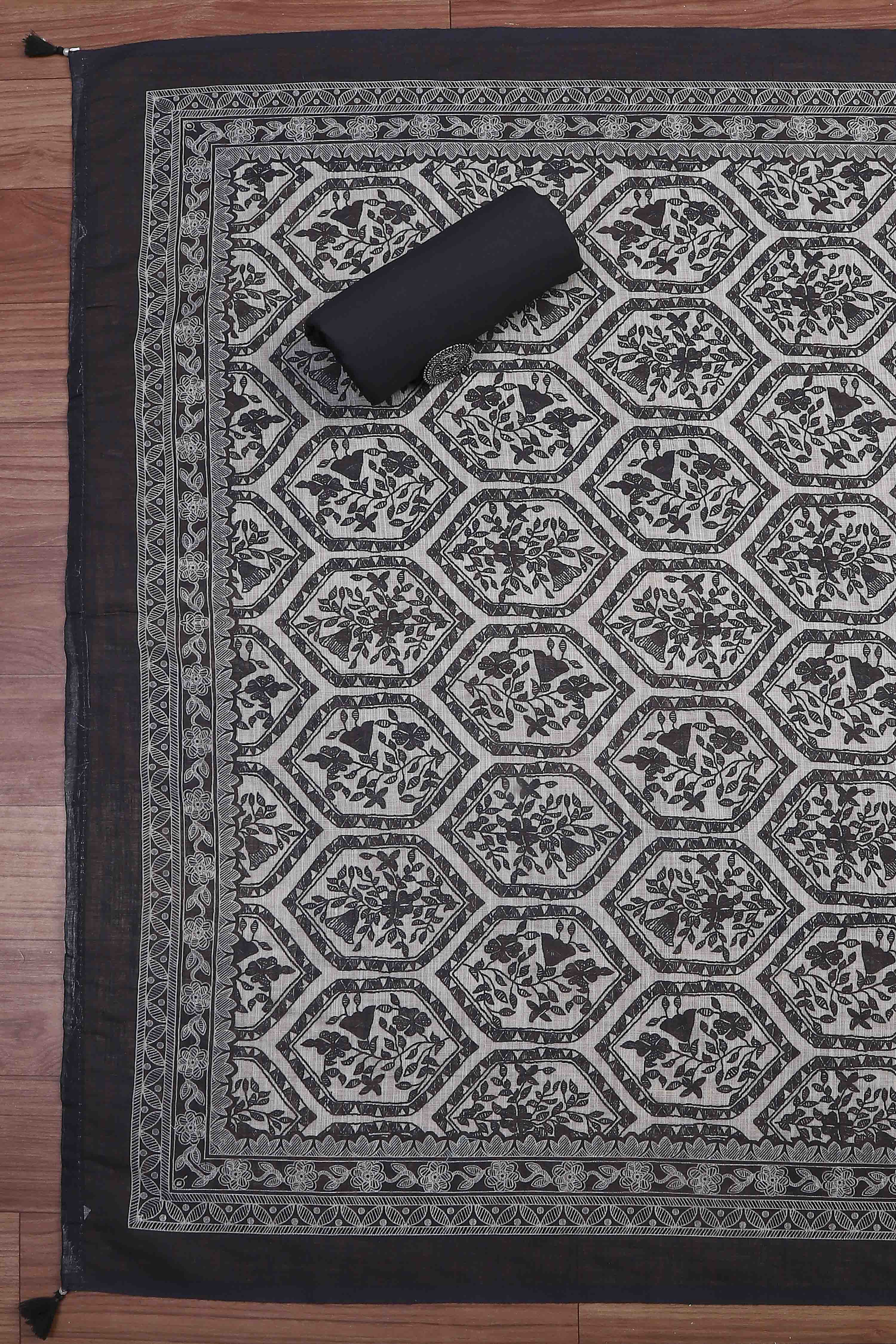 Green Black Linen Booti Print Unstitched Suit Set image number 3