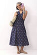 Navy Blue Cotton Abstract A-Line Midi Dress
