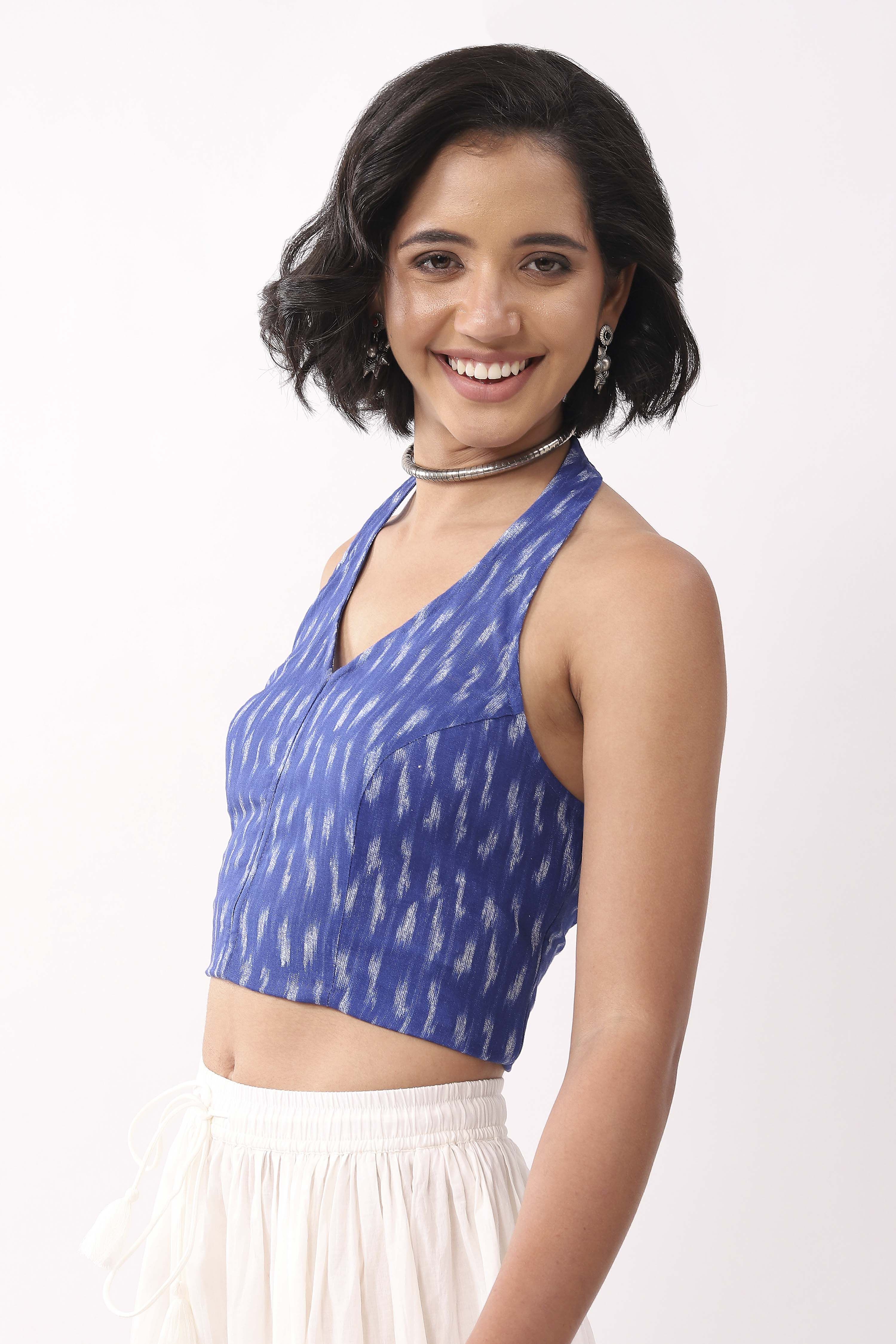 Royal Blue Cotton Abstract Smocked Back Crop Top image number 1