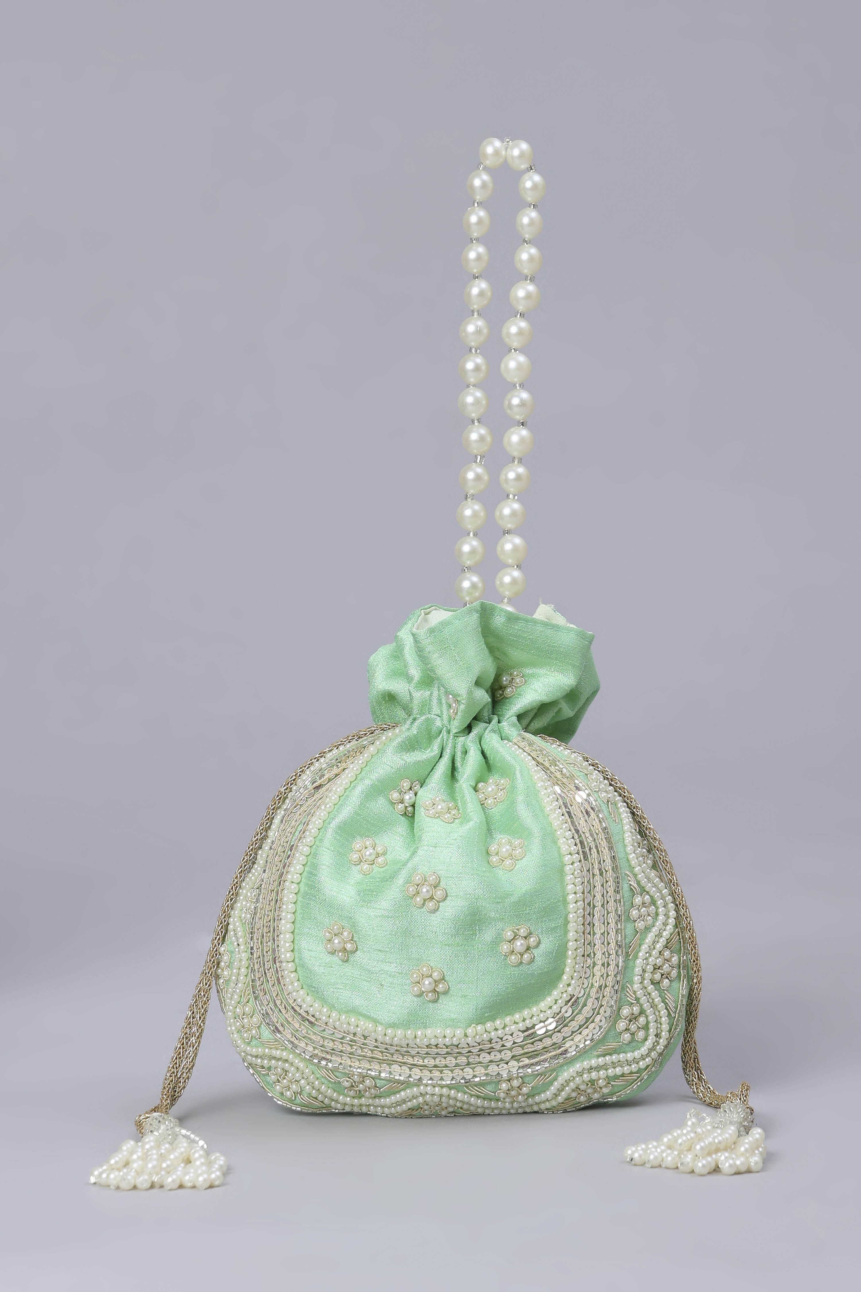 Green Fabric Floral Embellished Potli image number 1