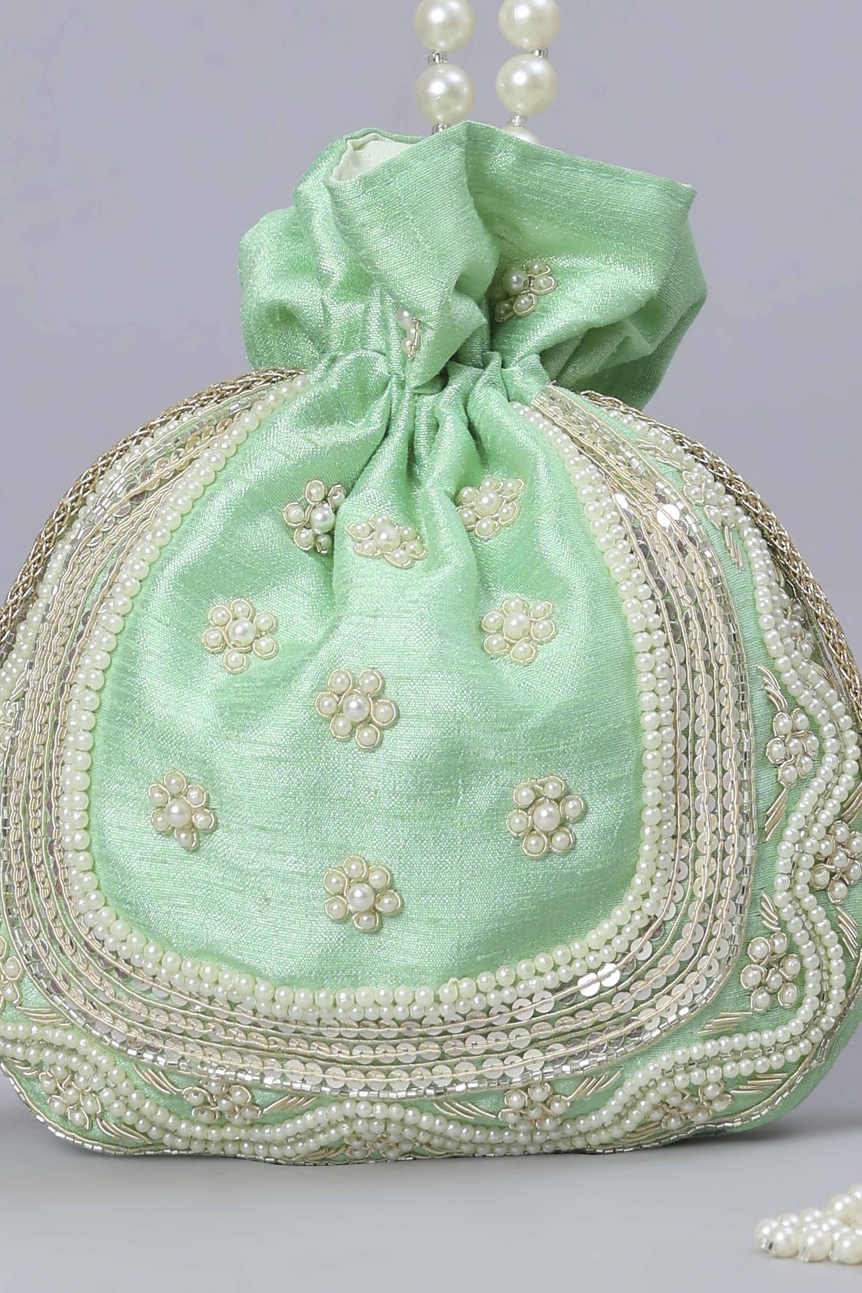 Green Fabric Floral Embellished Potli image number 6