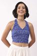 Royal Blue Cotton Abstract Smocked Back Crop Top image number 4