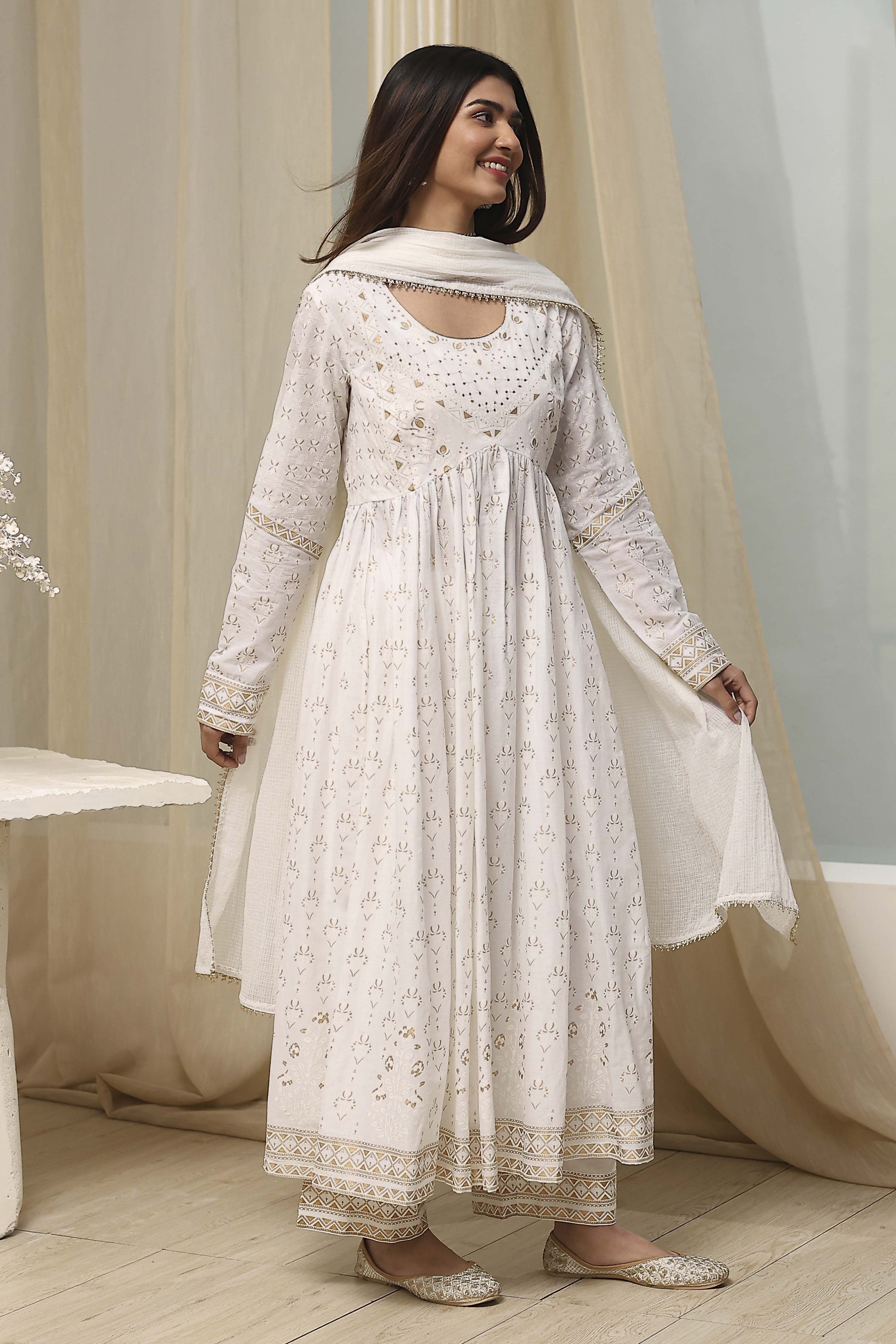 Off-White Cotton Printed Anarkali Suit Set image number 5