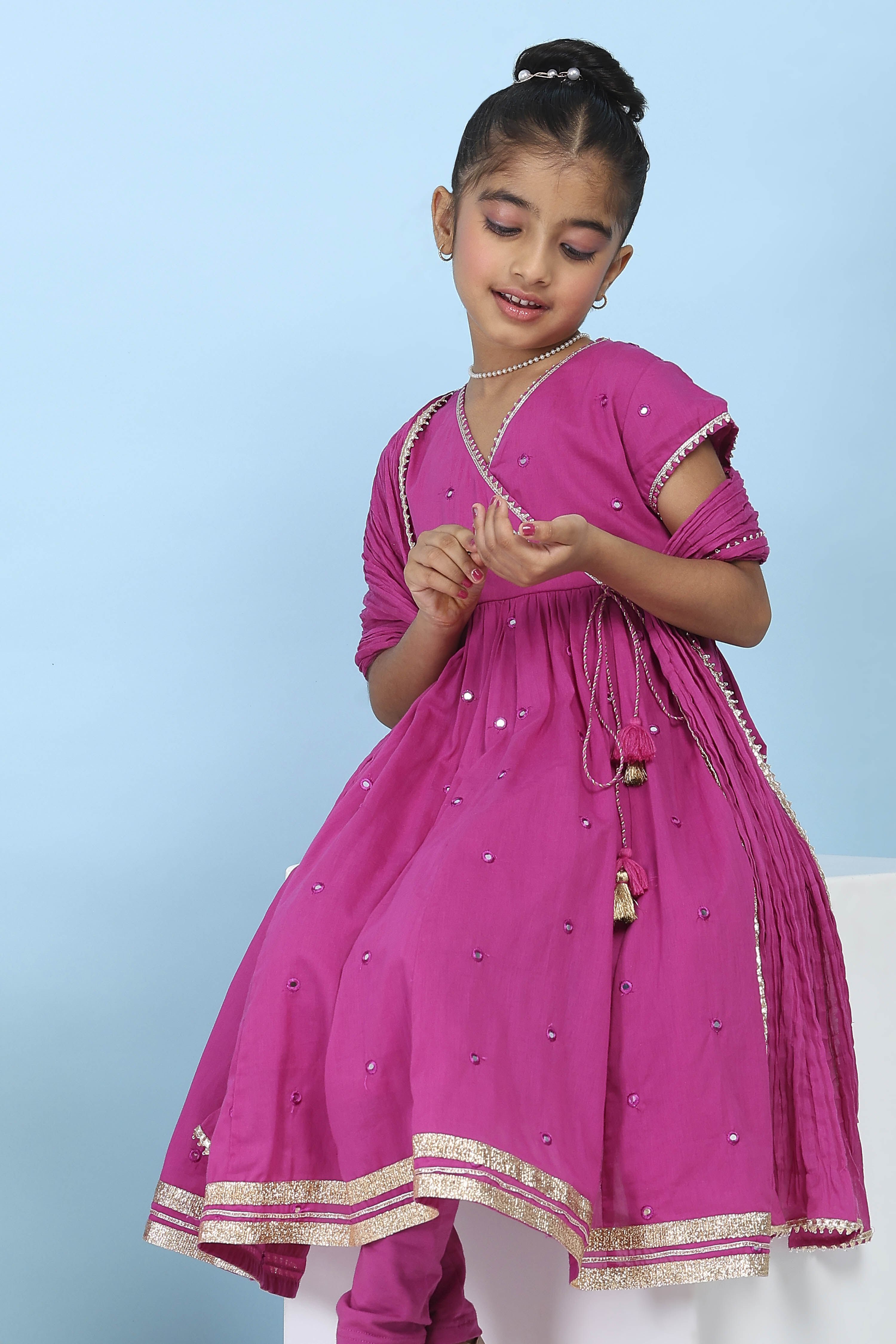 Pink Cotton Mirror Work Anarkali Suit Set image number 7