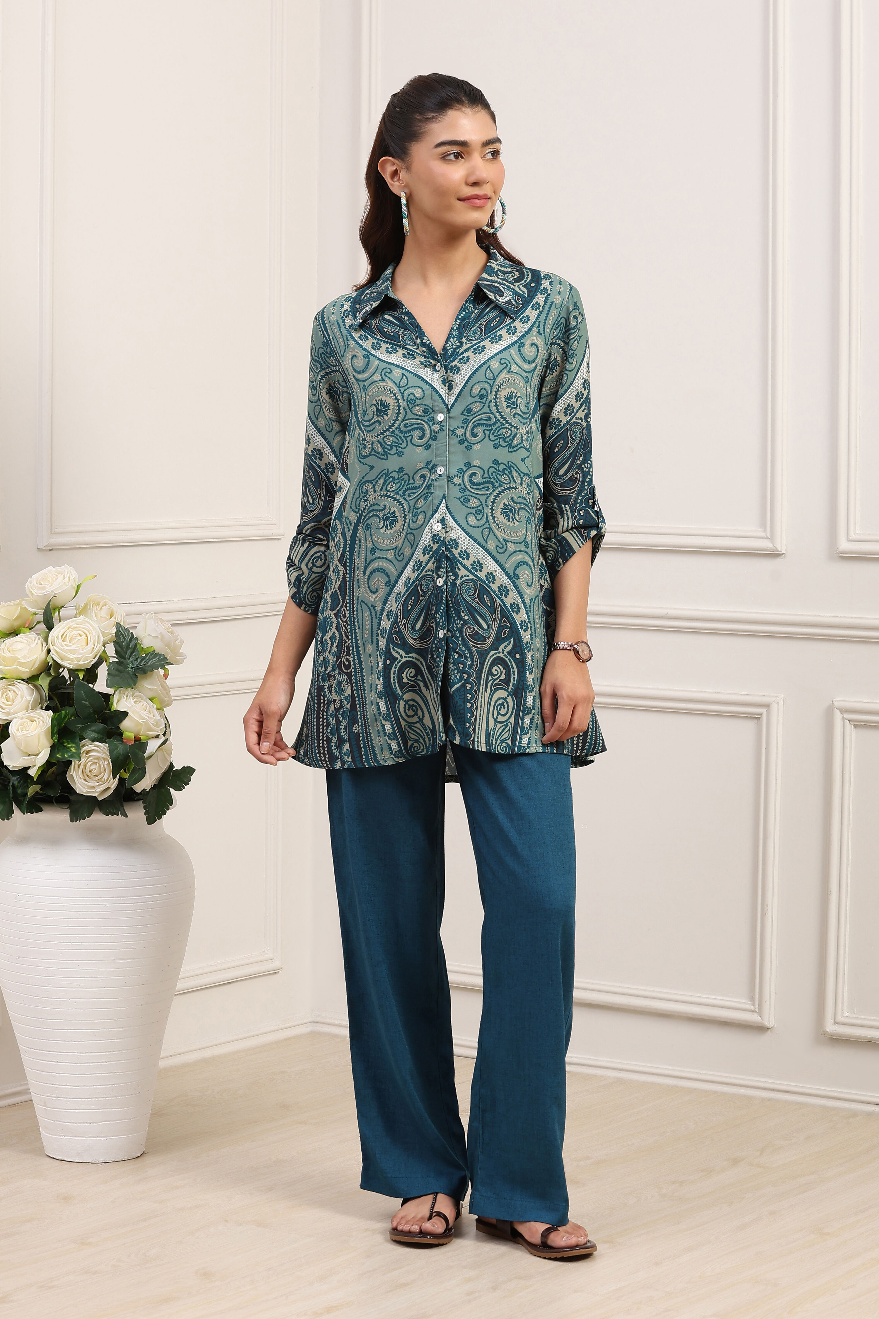 Teal LIVA Straight Printed Shirt image number 6