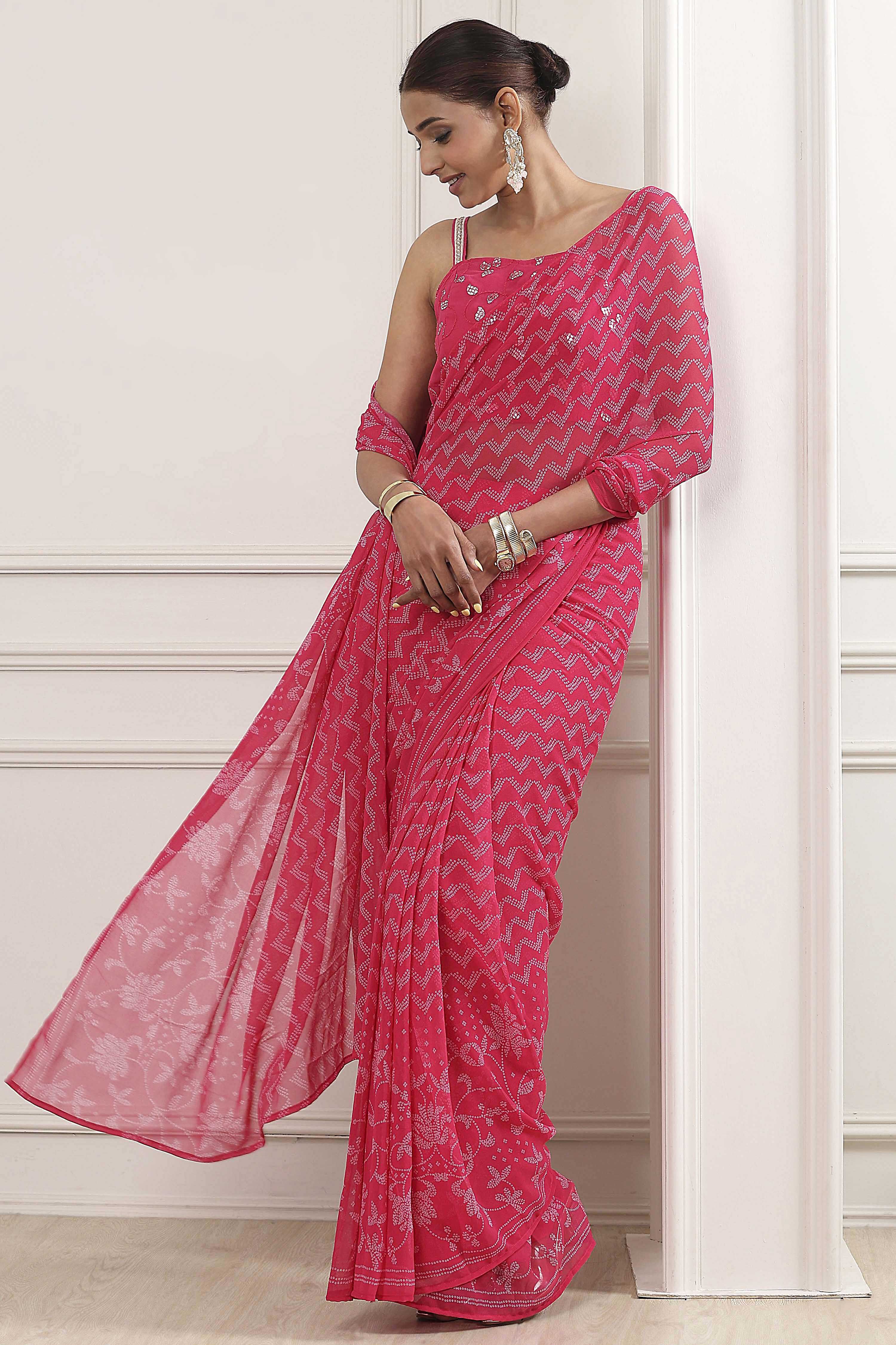 Pink Poly Georgette Printed Saree With Blouse image number 7