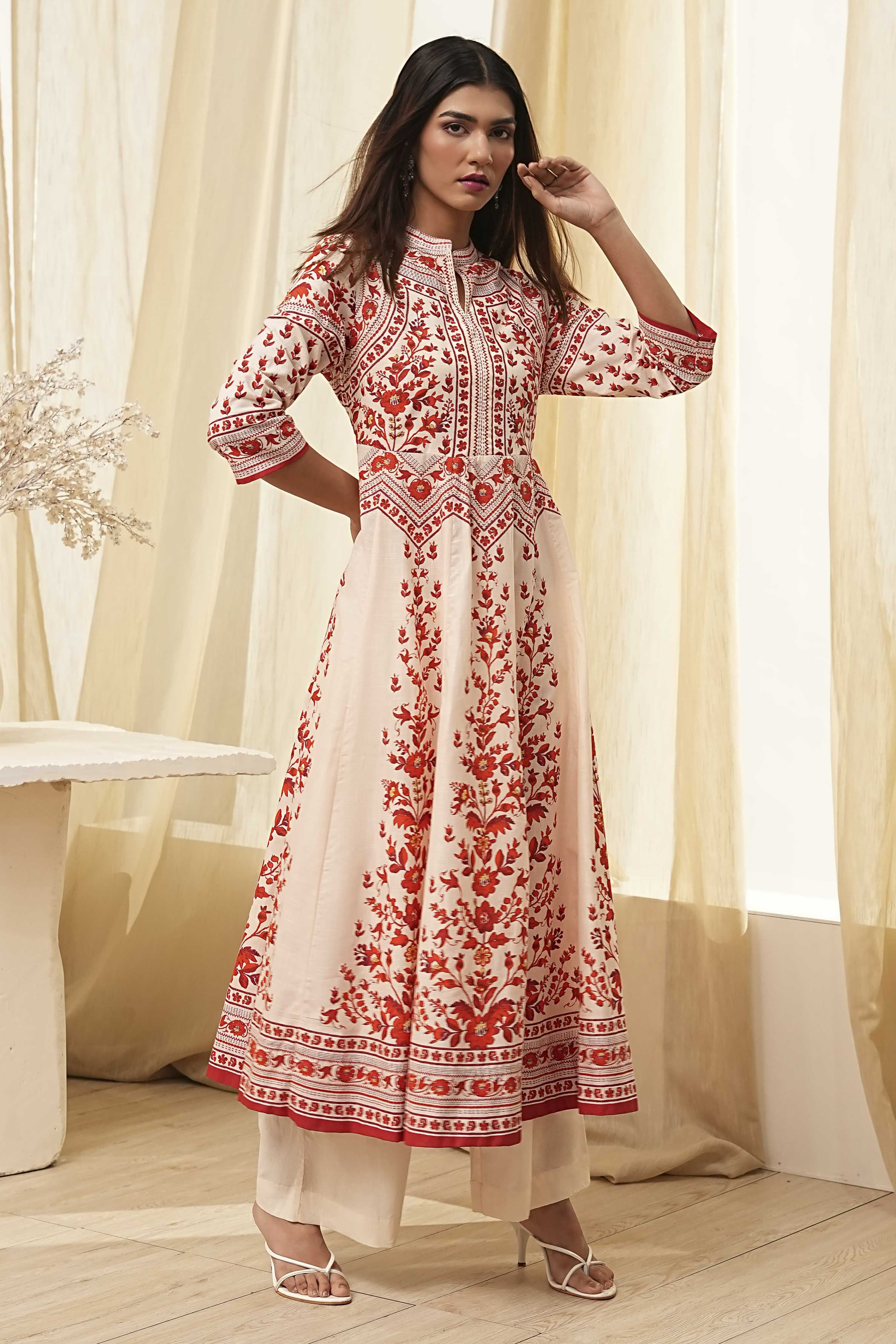 White and Rust Cotton Printed Anarkali Kurta Set image number 6