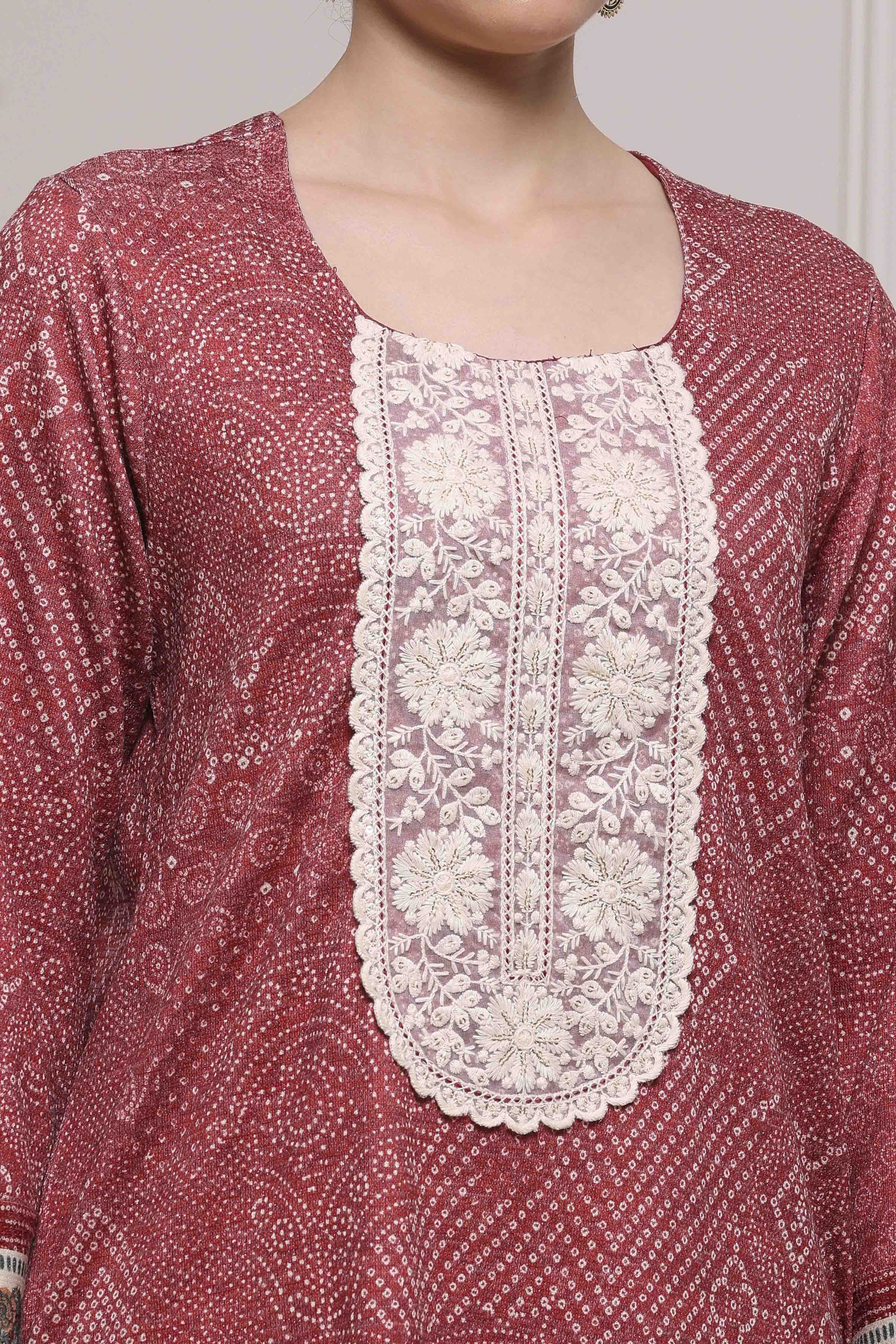 Red Printed Straight Winter Suit Set image number 1