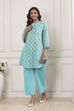 Turquoise Cotton Printed Kalidar Kurta Set image number 6