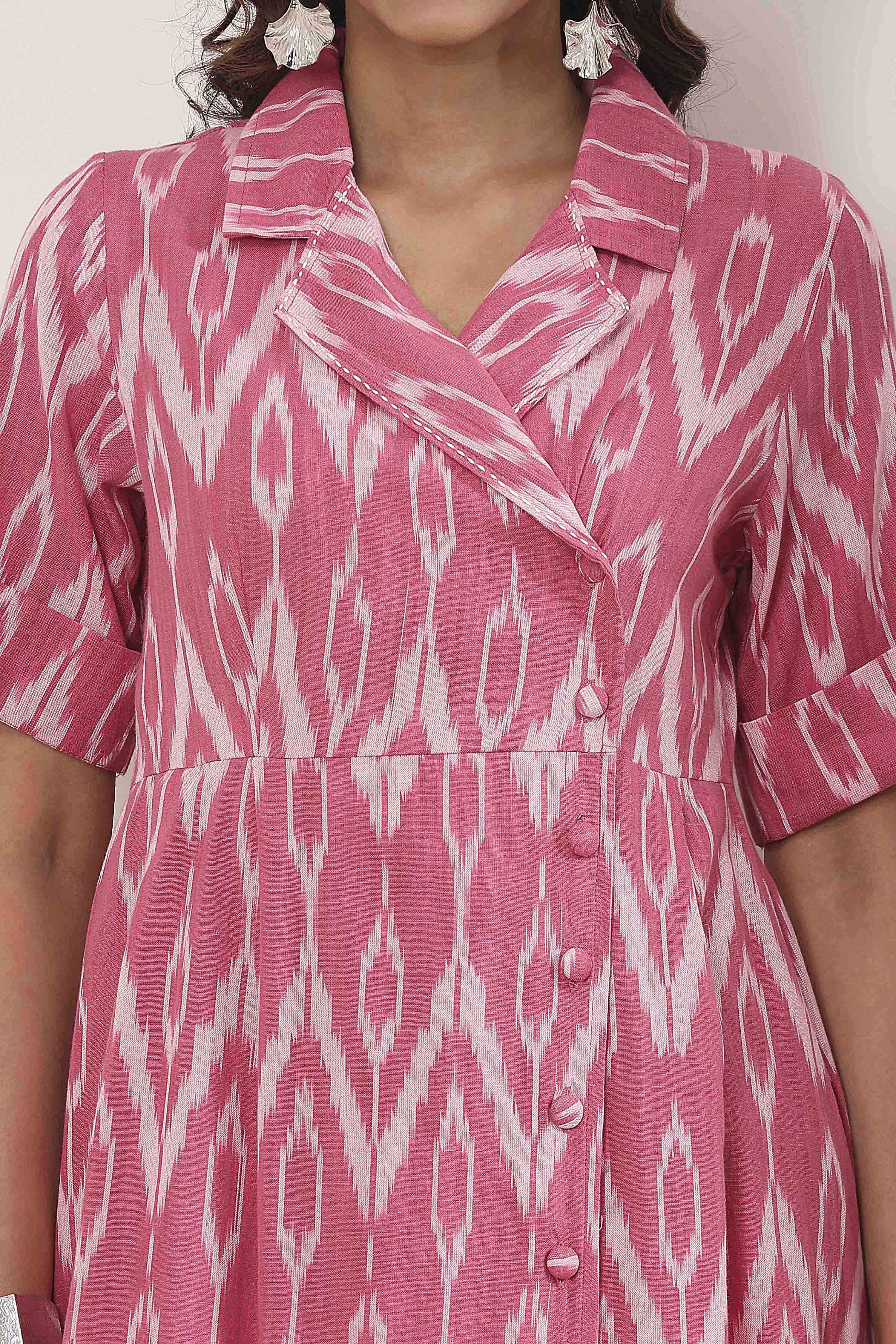 Pink Cotton Ikat Printed Flared Dress image number 1