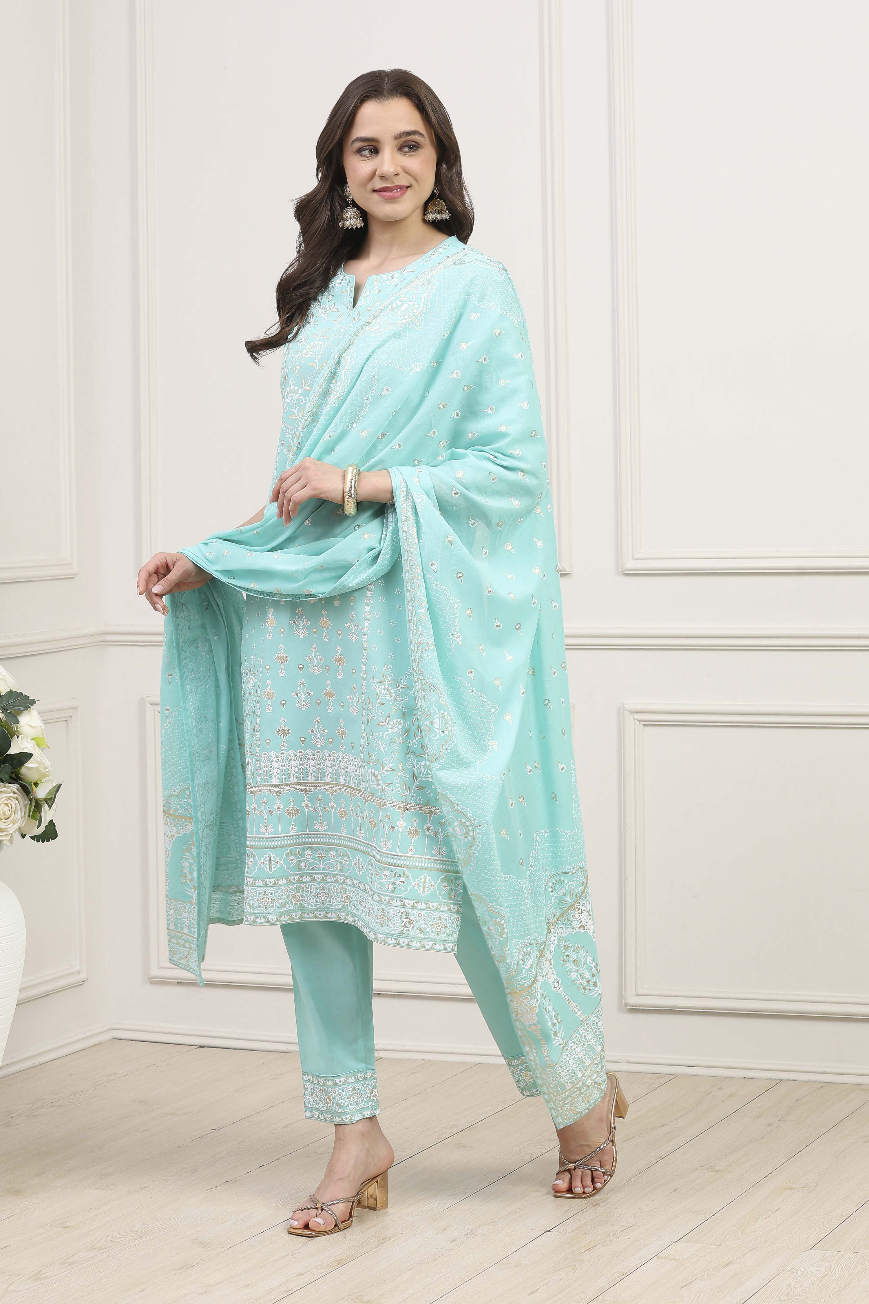 Sea Green Cotton Straight Kurta Pants Suit Set image number 3