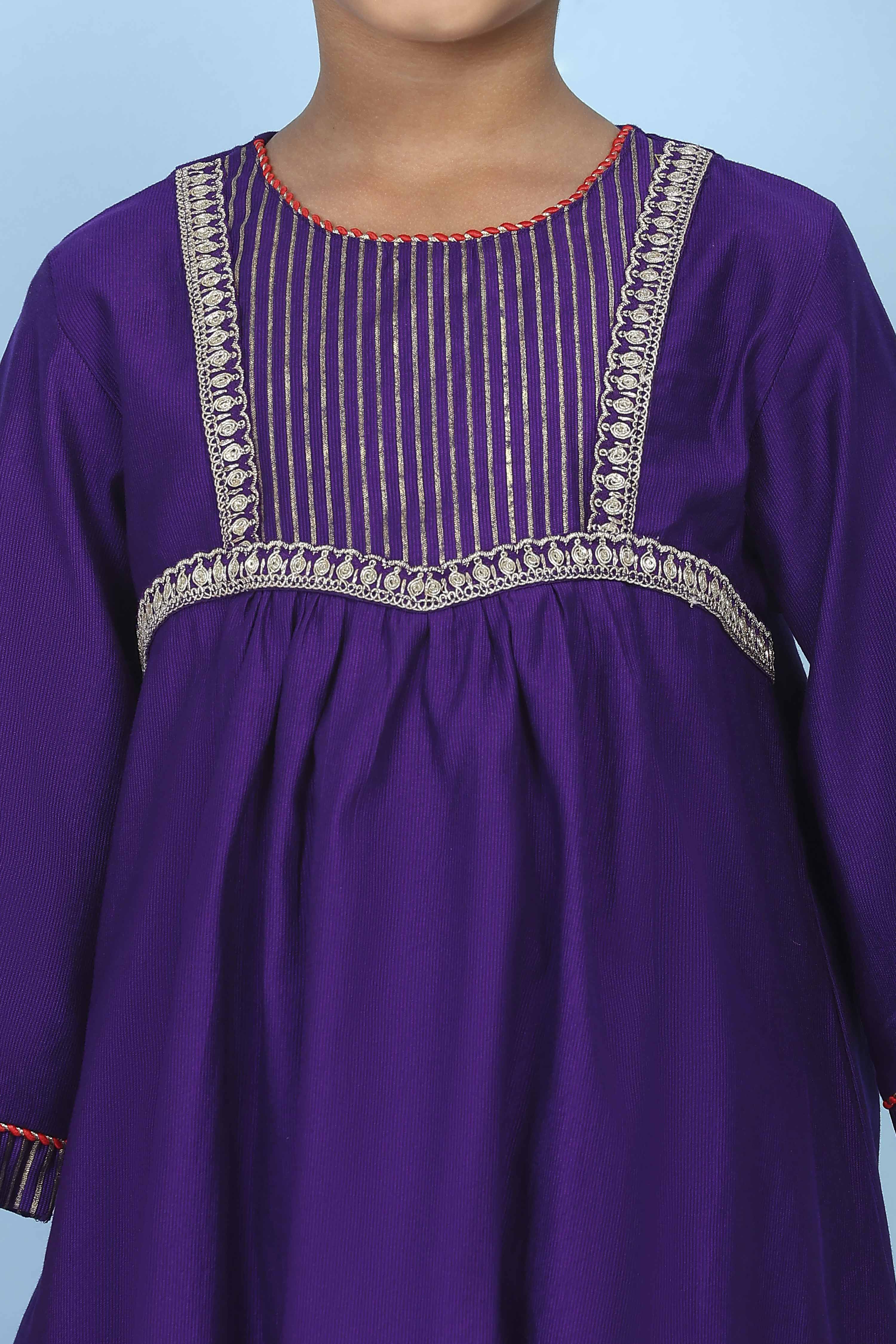Purple Striped Yoke Gathered Suit Set image number 1