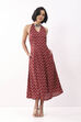 Red Cotton Floral Printed Lace-Up Midi Dress