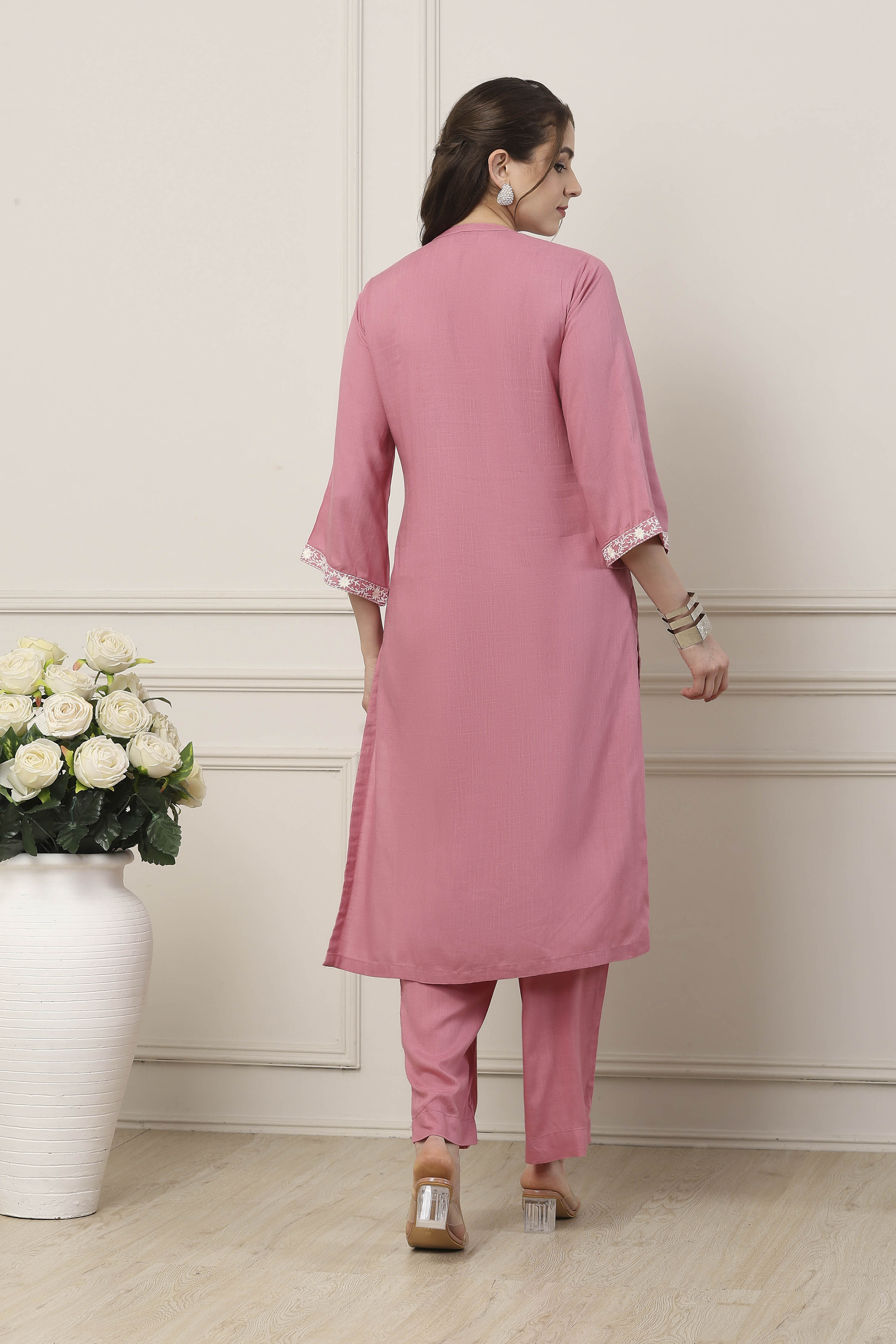 Pink Viscose Floral Embroidered Straight Suit Set image number 4