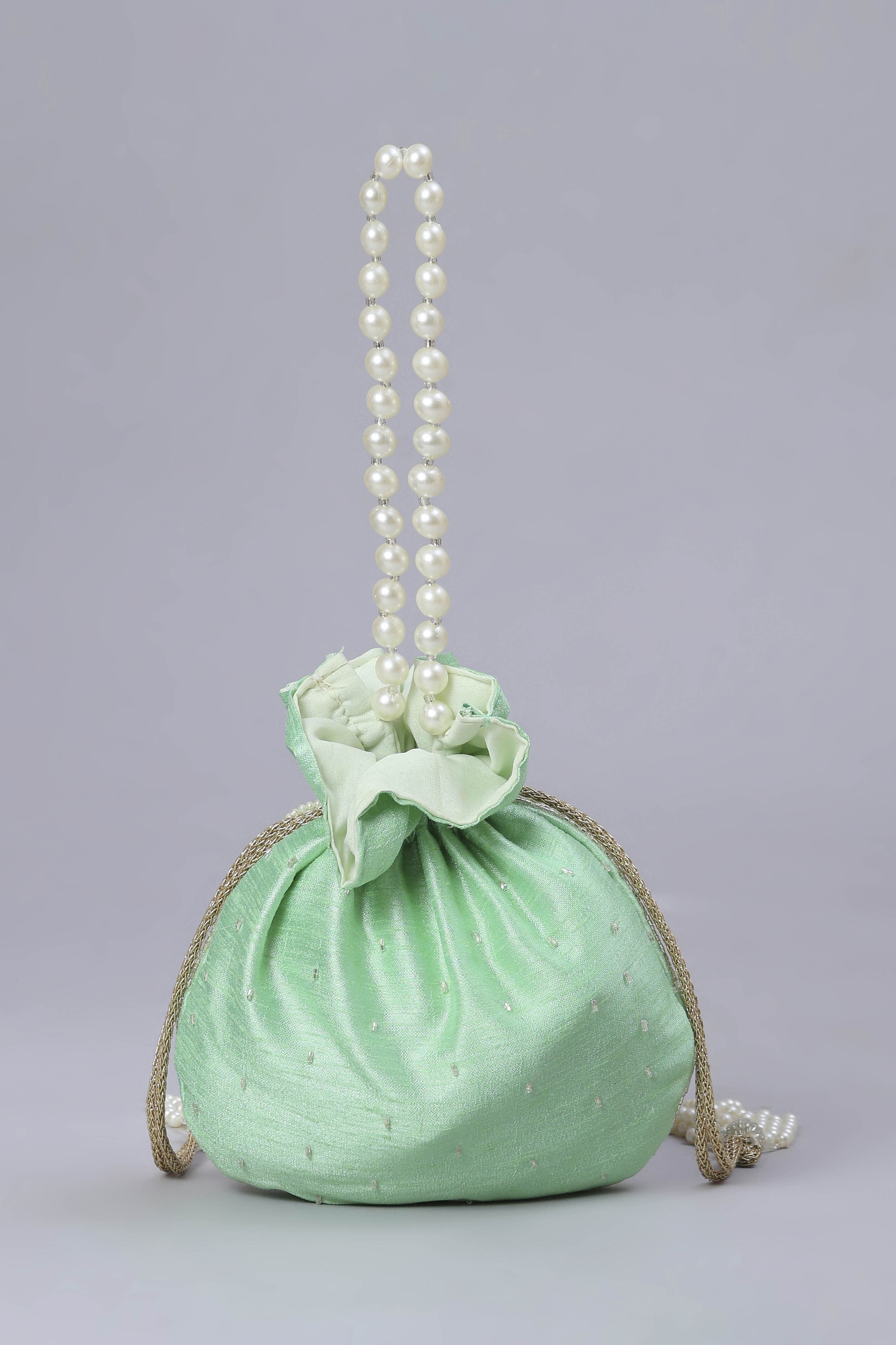 Green Fabric Floral Embellished Potli image number 2