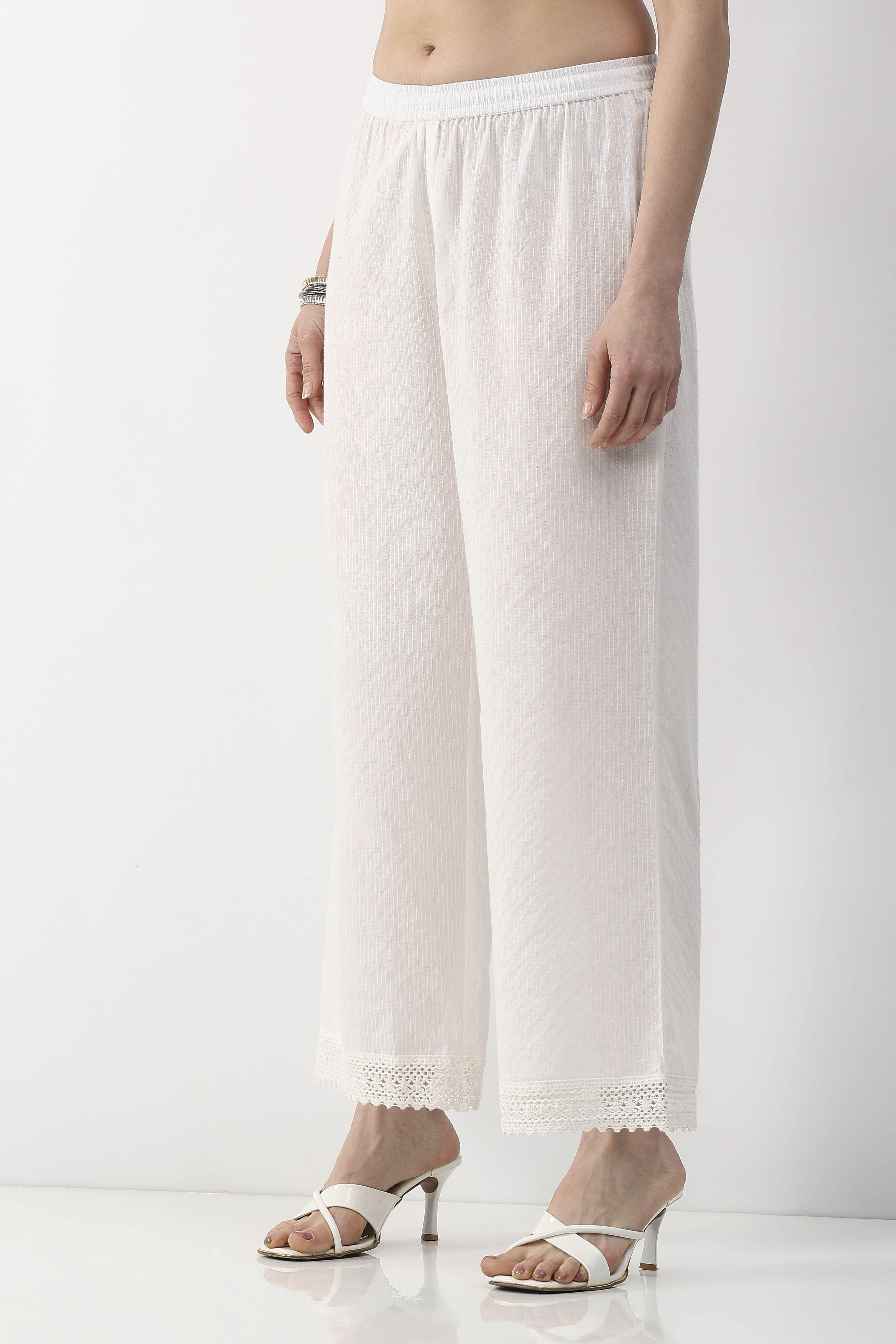 White Cotton Lace Trim Straight Palazzos image number 2