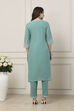 Turquoise Blue Cotton Floral Printed Straight Suit Set image number 4