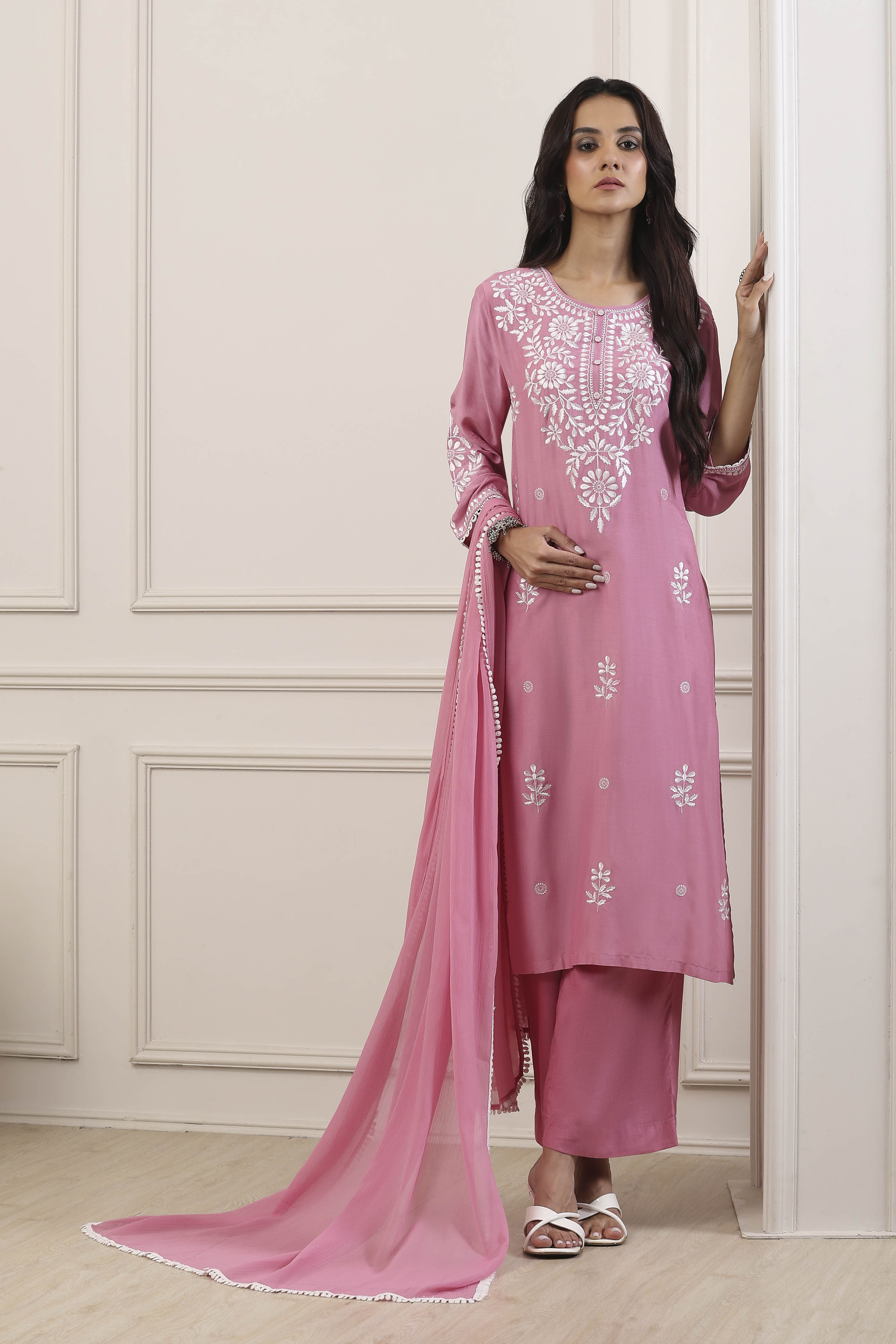 Pink Poly Viscose Floral Embroidered Straight Suit Set image number 0