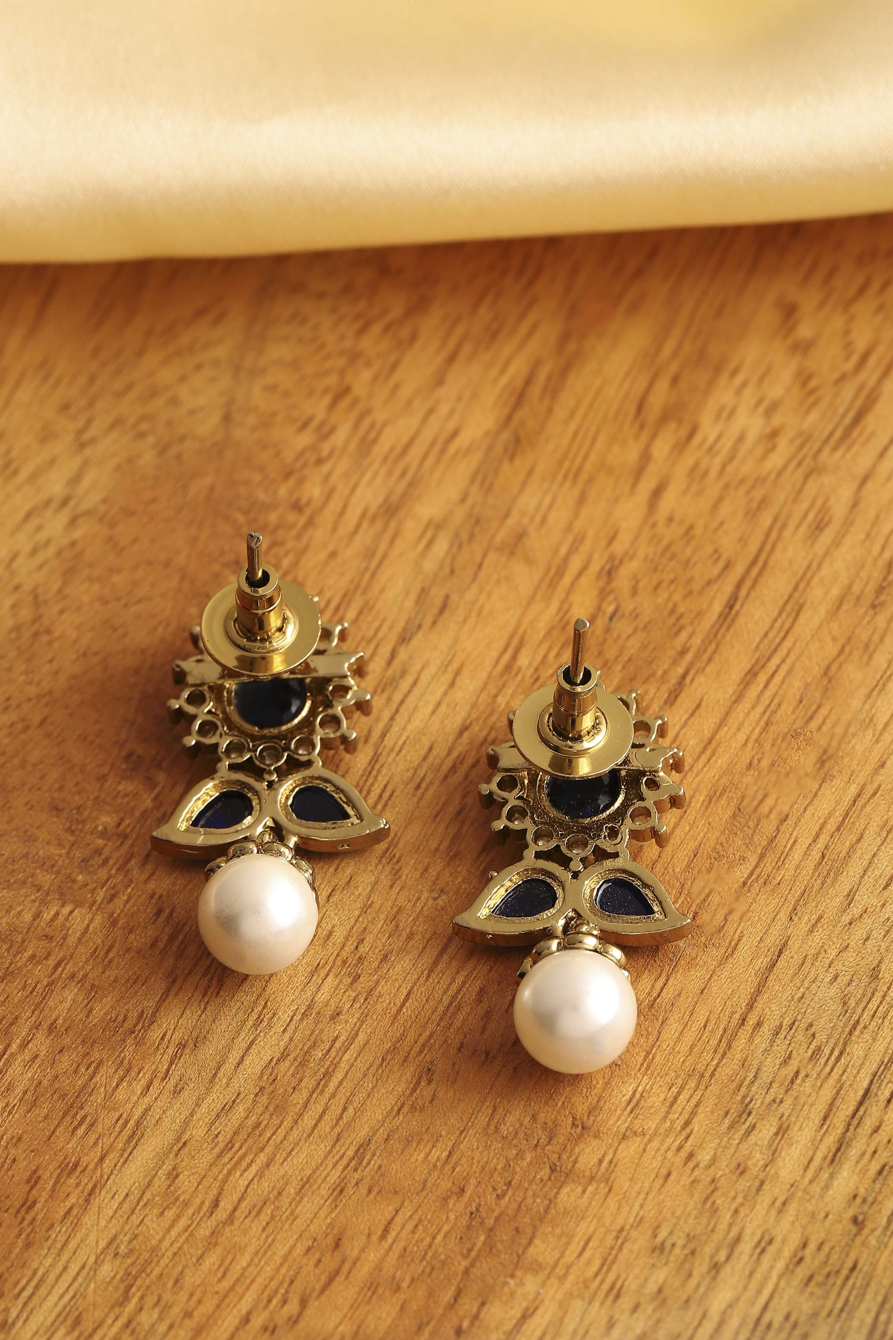 Navy Blue Gold Plated Alloy Studded Drop Earrings image number 2