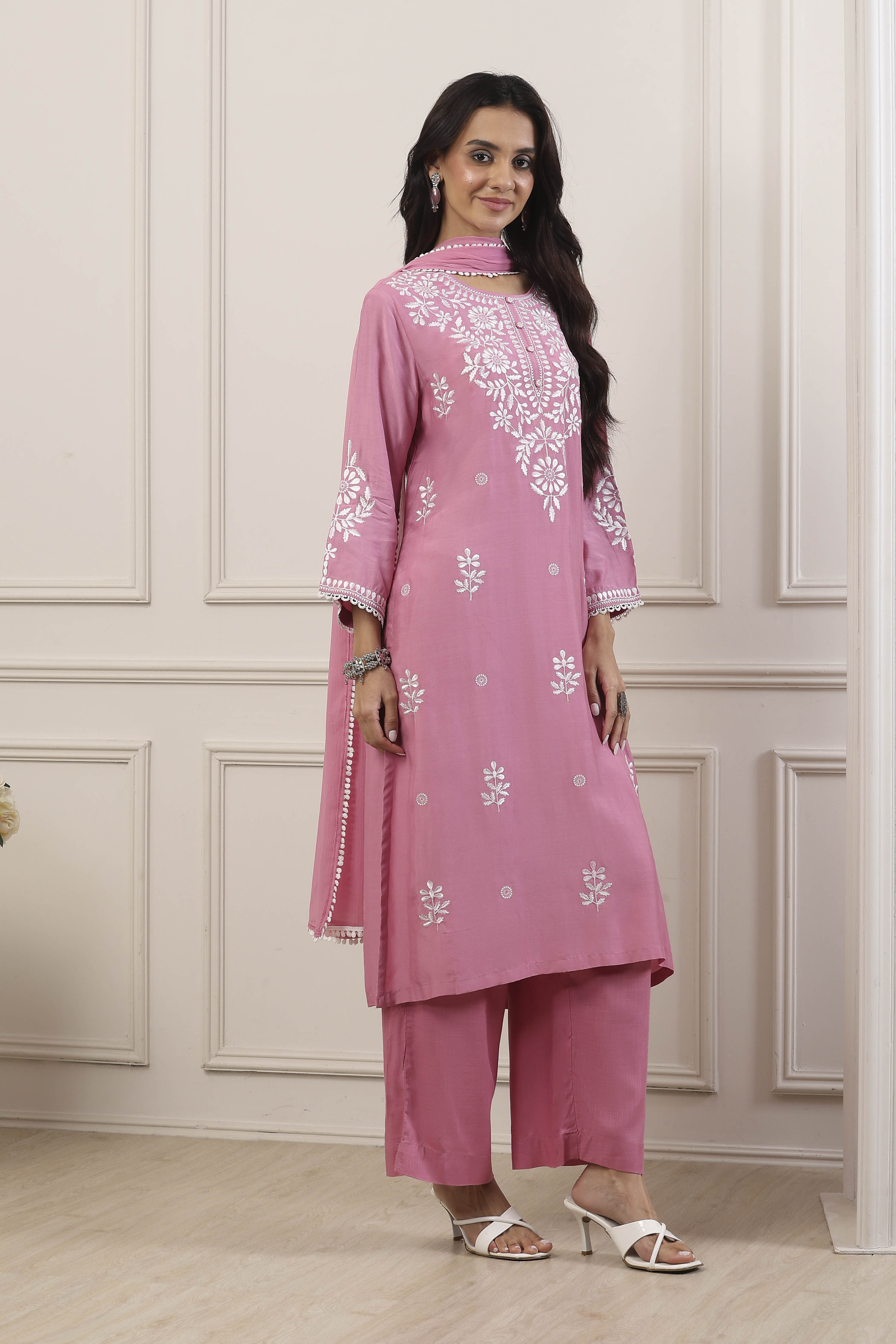 Pink Poly Viscose Floral Embroidered Straight Suit Set image number 5