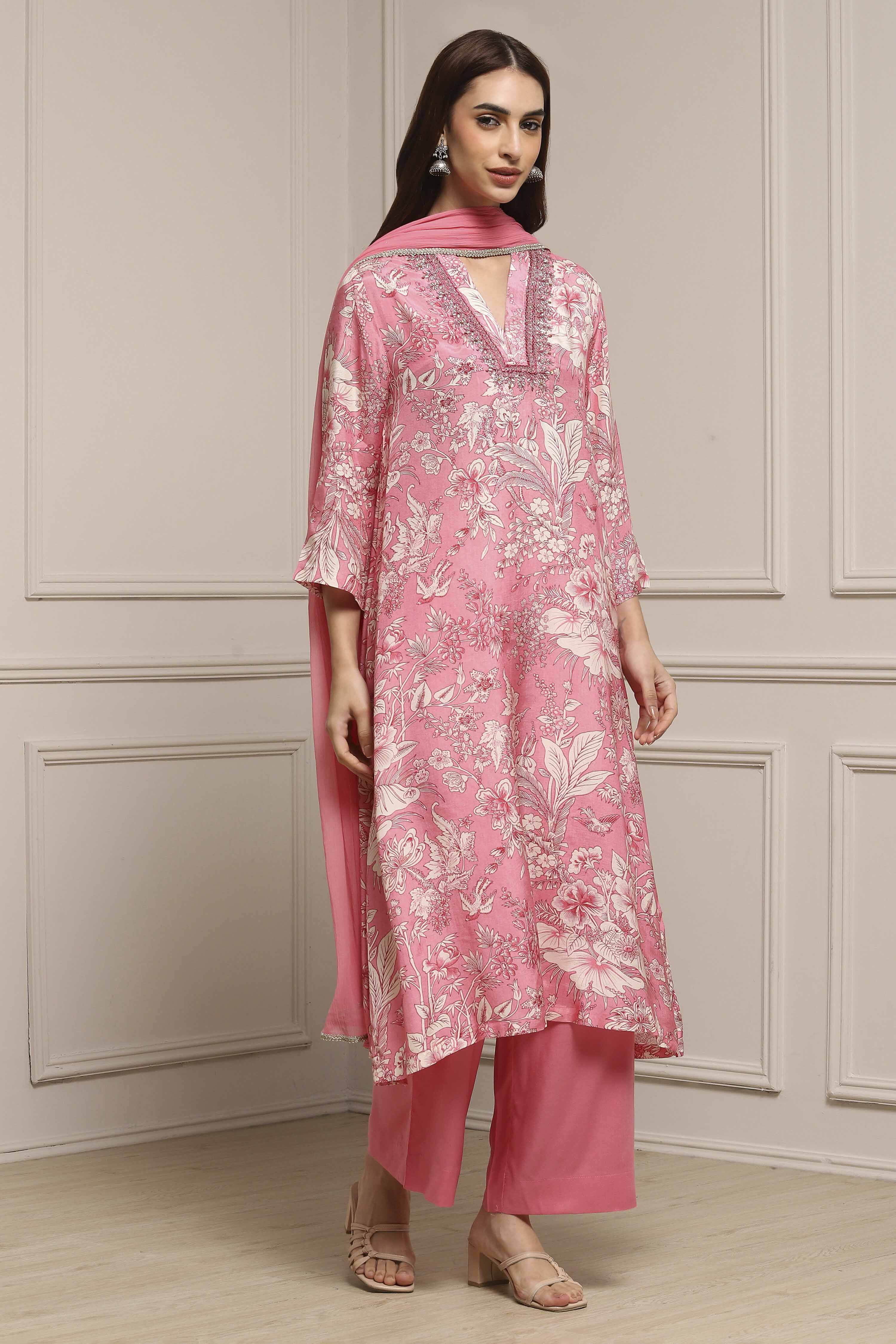 Pink Floral Printed Asymmetric Suit Set image number 5